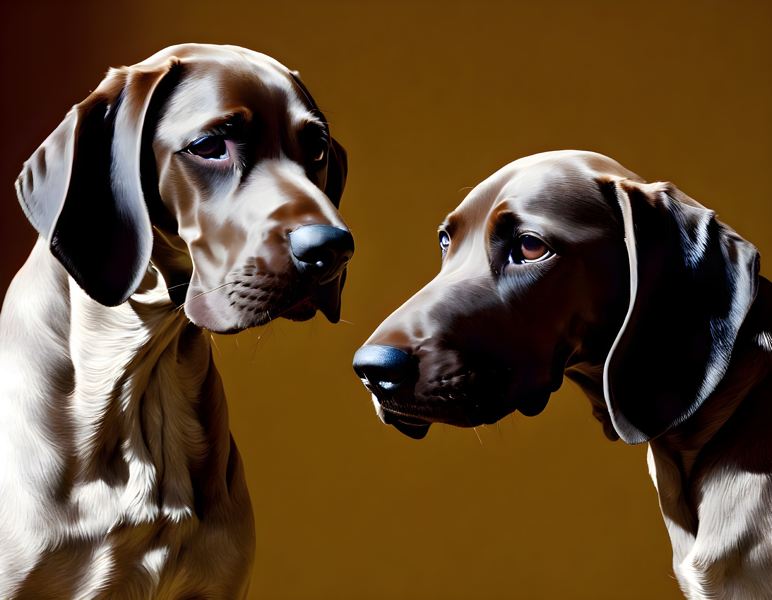 Two Brown Dogs with Shiny Coats and Expressive Eyes on Dark Background