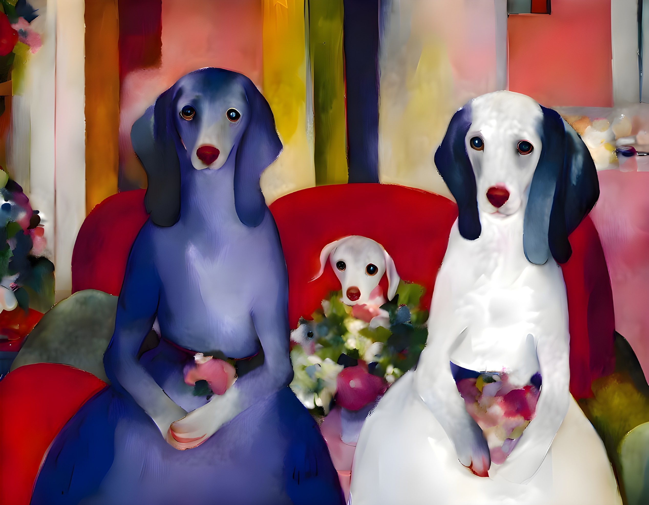 Colorful Cartoon Dogs in Elegant Attire with Flowers in Stylish Room