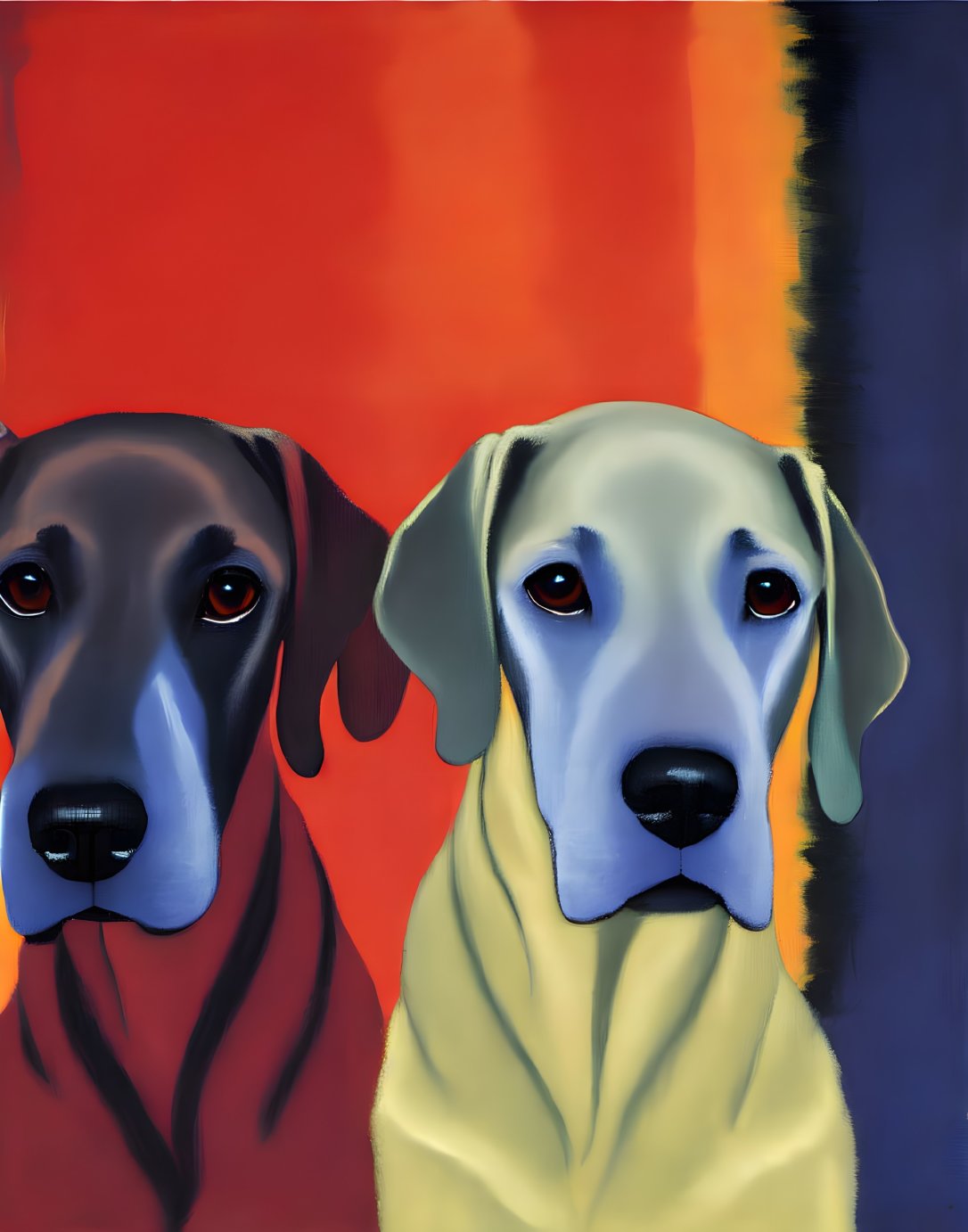 Solemn Black and Yellow Dogs Sitting Together Against Warm Red and Cool Blue Backdrop