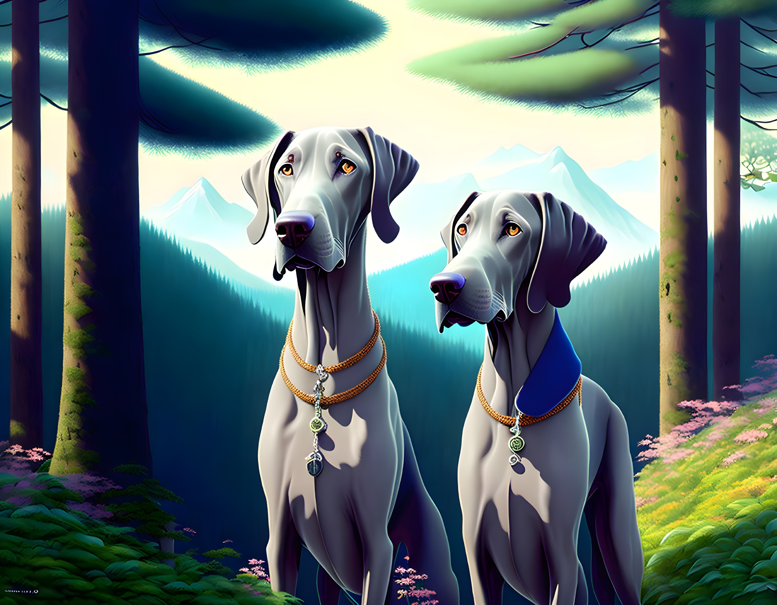 Stylized great dane dogs with necklaces in forest setting