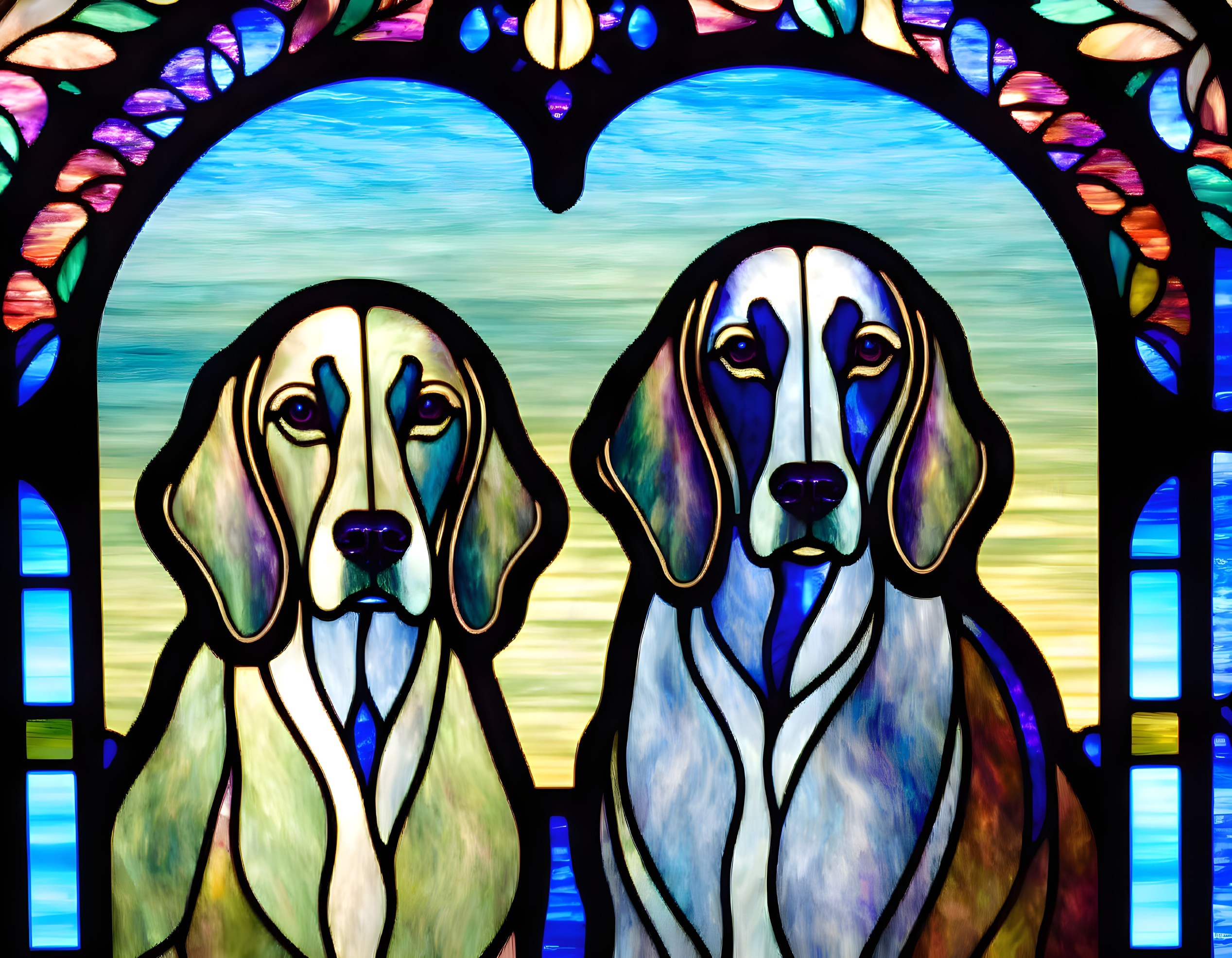 Symmetrical Beagle Dogs Stained Glass Window in Arched Design