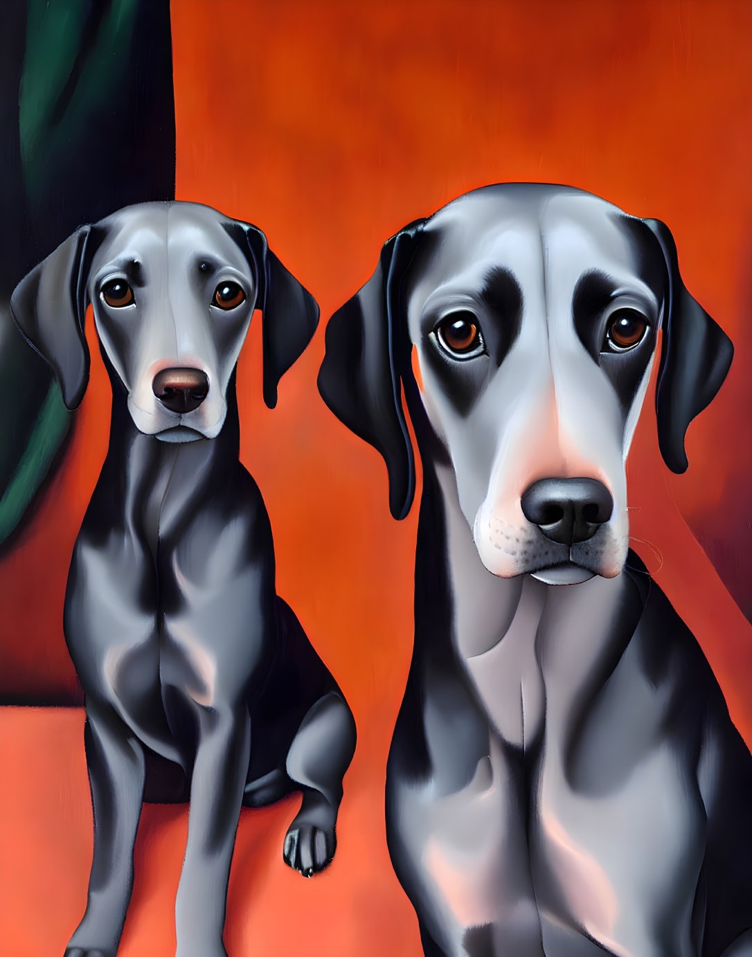 Stylized black dog paintings with expressive eyes on orange and red backdrop
