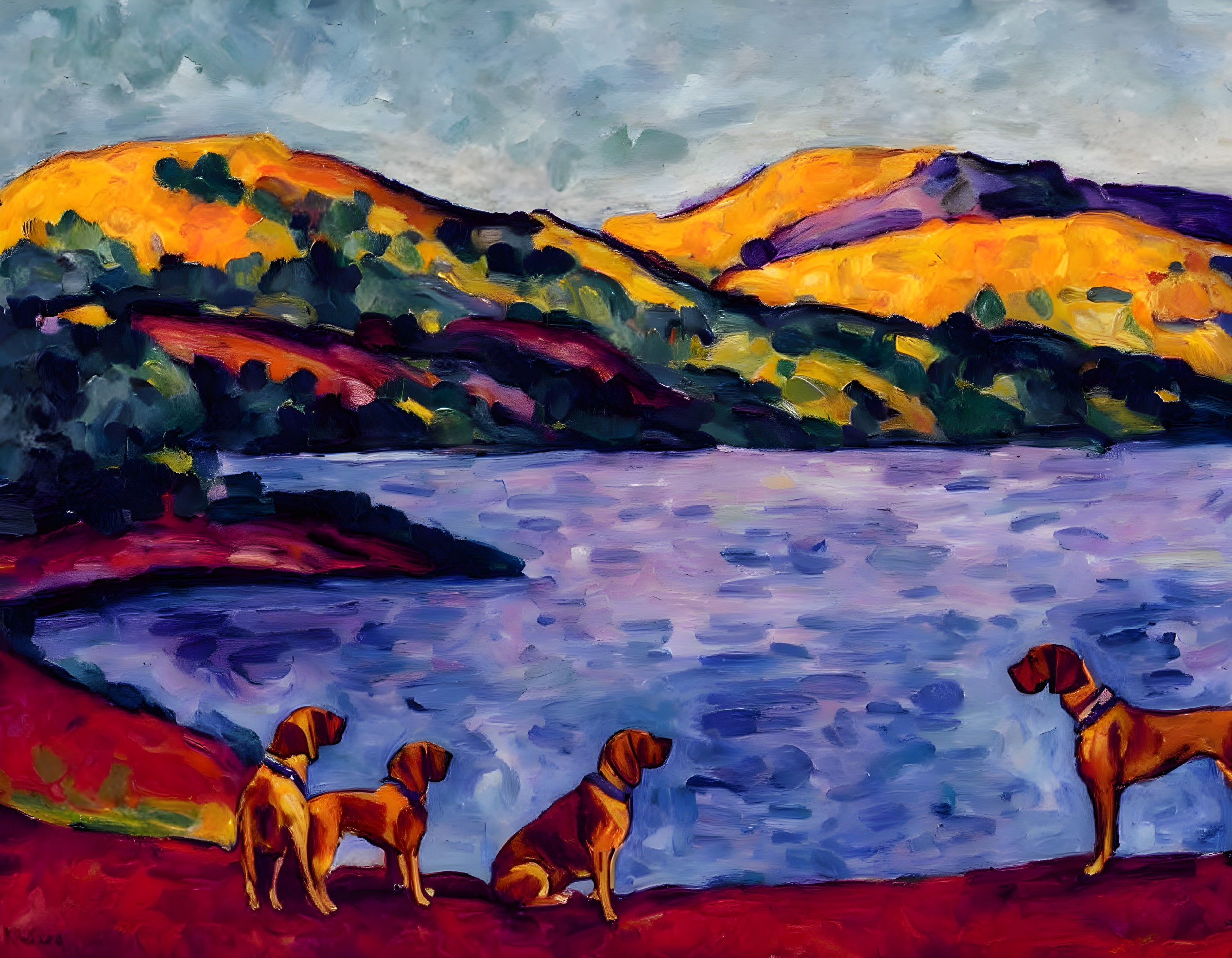 Vibrant painting of three dogs by a lake