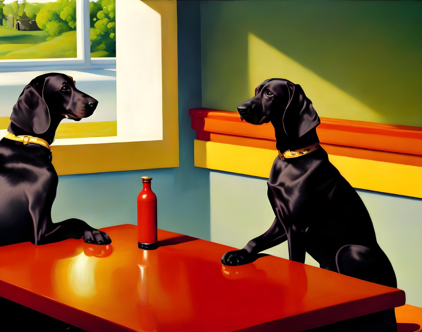 Two Black Dogs with Golden Collars Sitting at Table in Sunlit Room