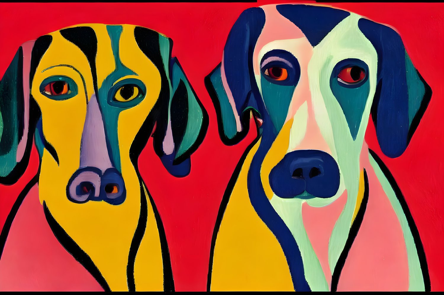 Vibrant abstract painting of two dogs with striking eyes on red backdrop
