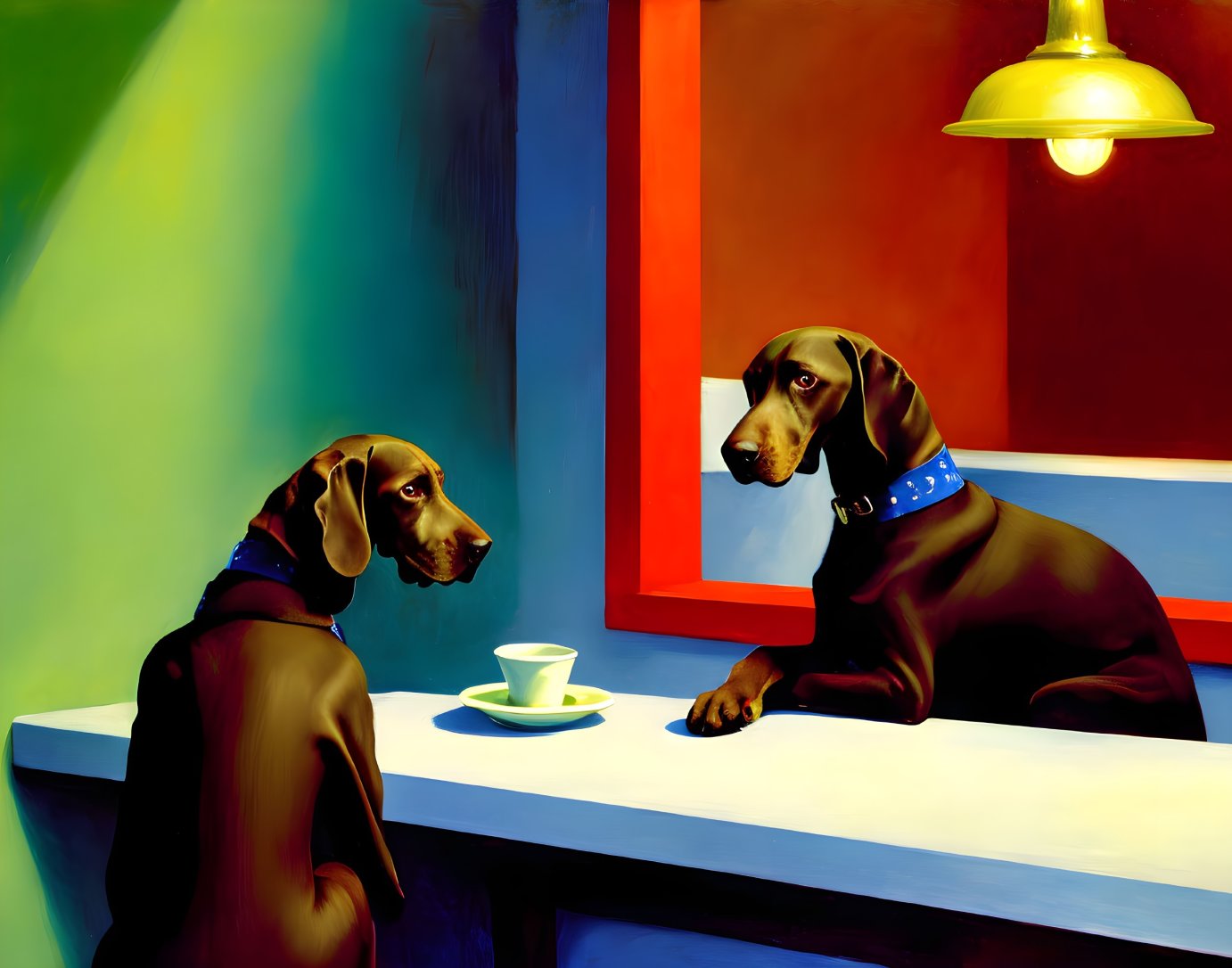 Two dogs at café table under hanging lamp, one looking at cup