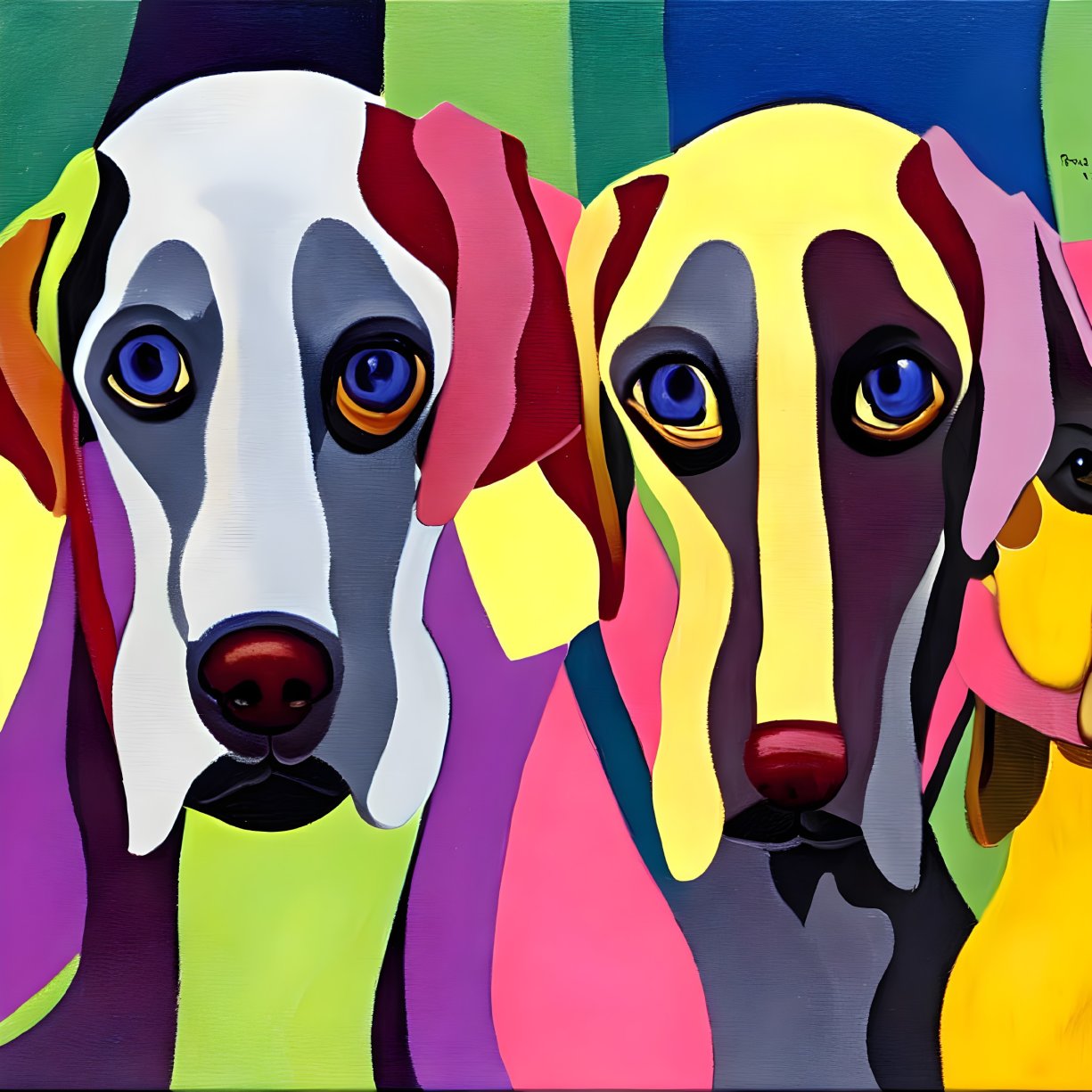 Vibrant abstract painting of two stylized dogs with expressive eyes