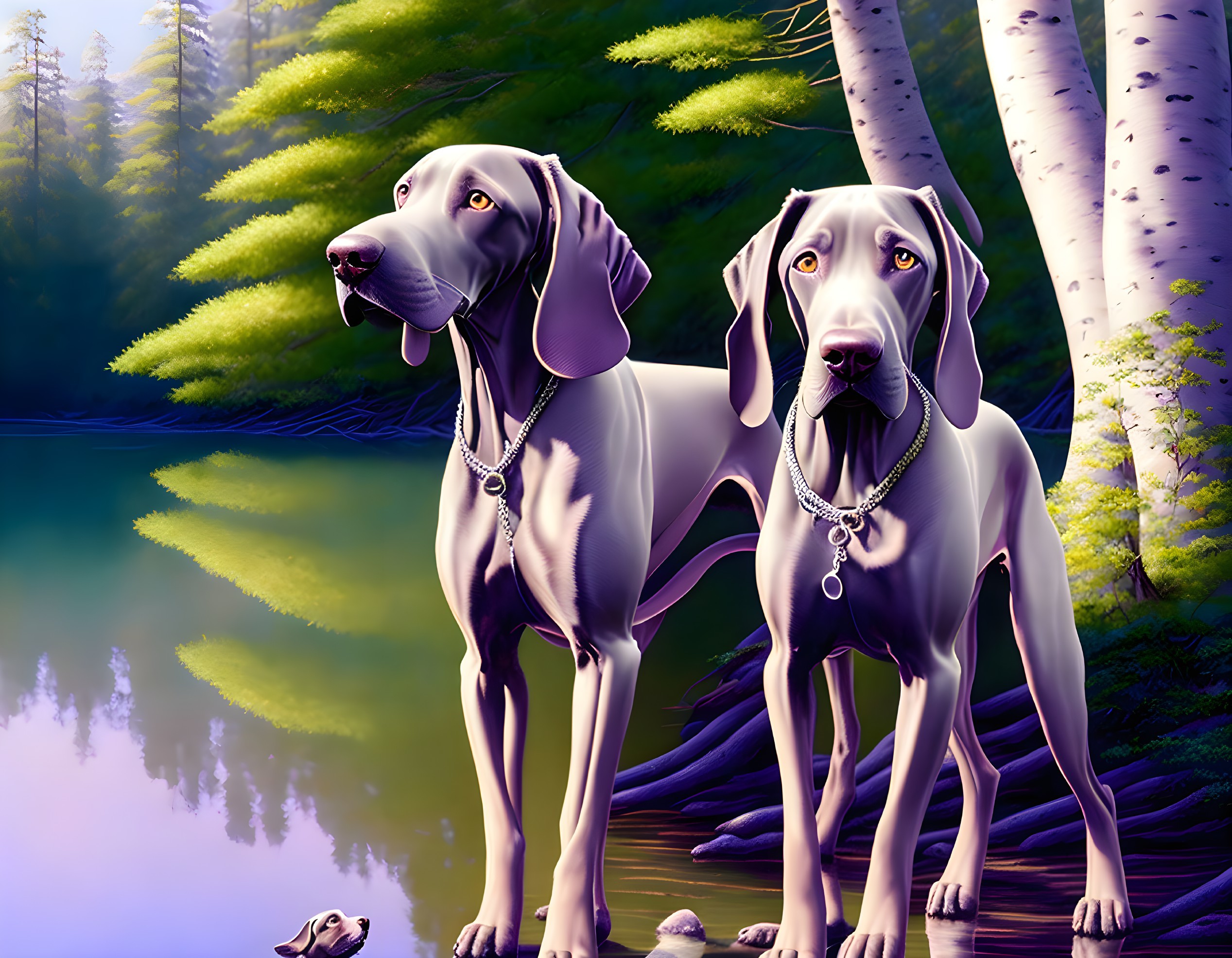 Silver-gray Weimaraner dogs with chains by tranquil lake in forest