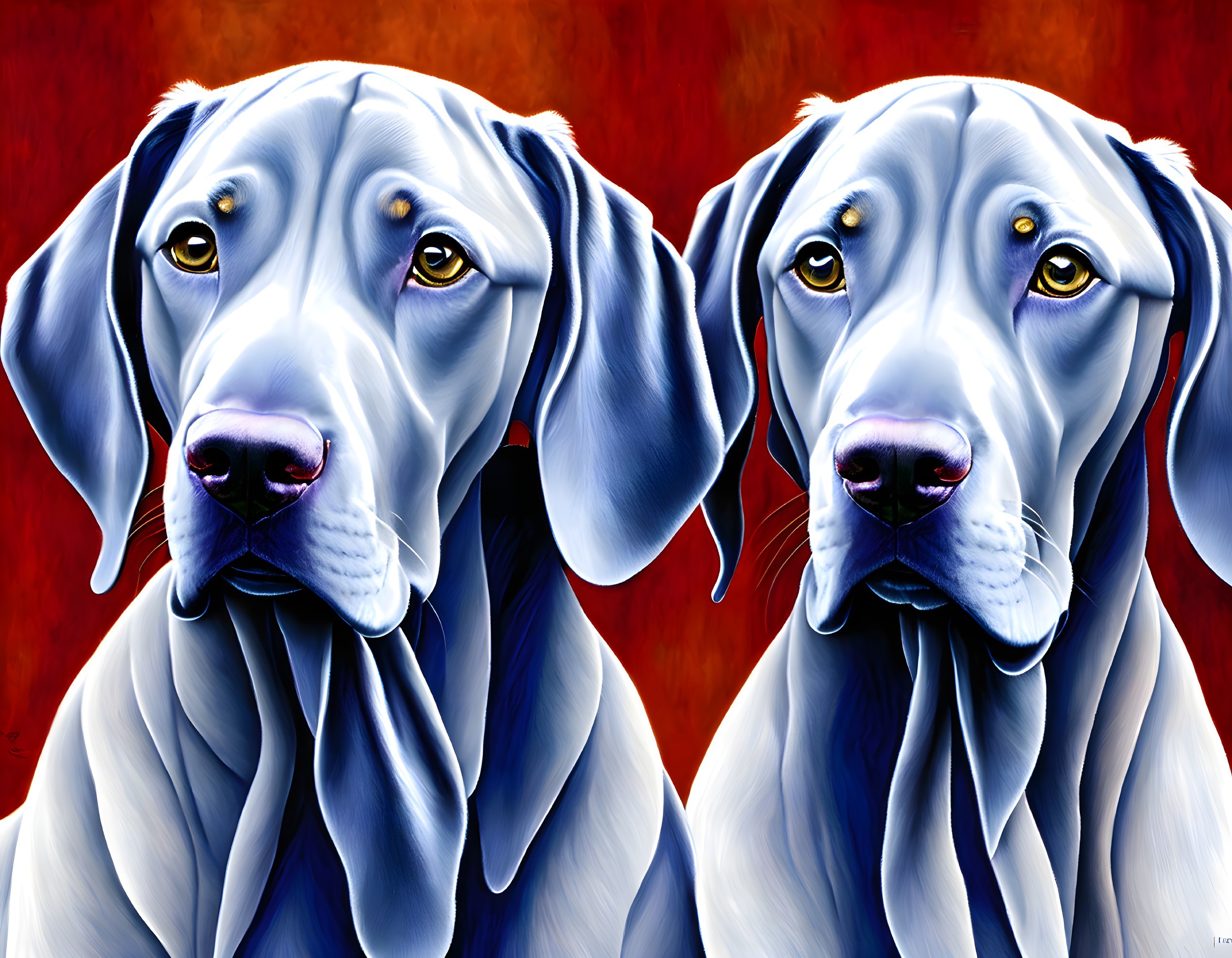 Vibrant Weimaraner dogs with glossy blue coats on red and orange background