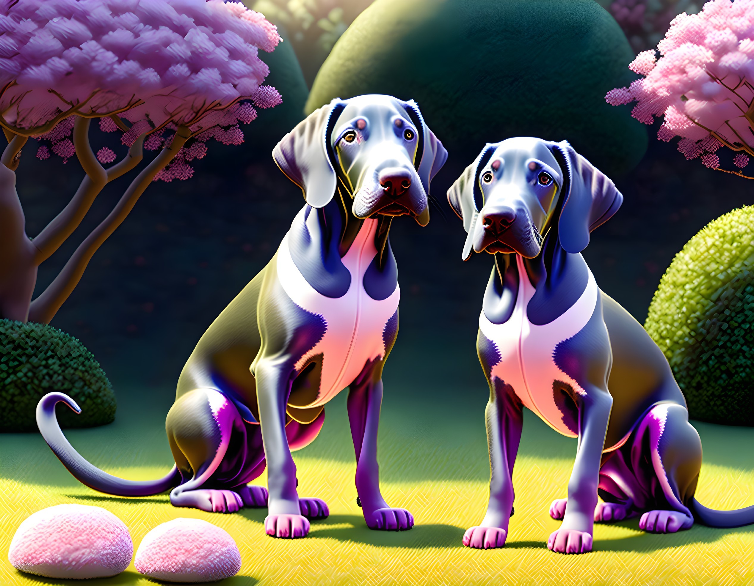 Stylized glossy Weimaraner-like dogs in colorful garden at dusk or dawn