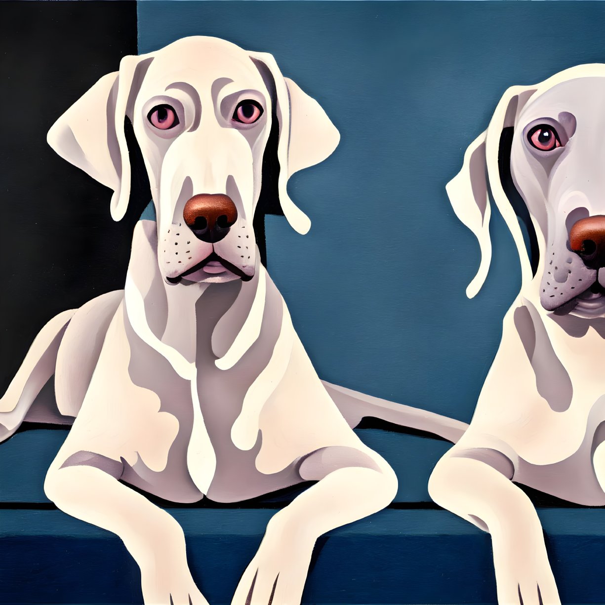 Stylized dogs with prominent eyes in muted colors on dark blue background