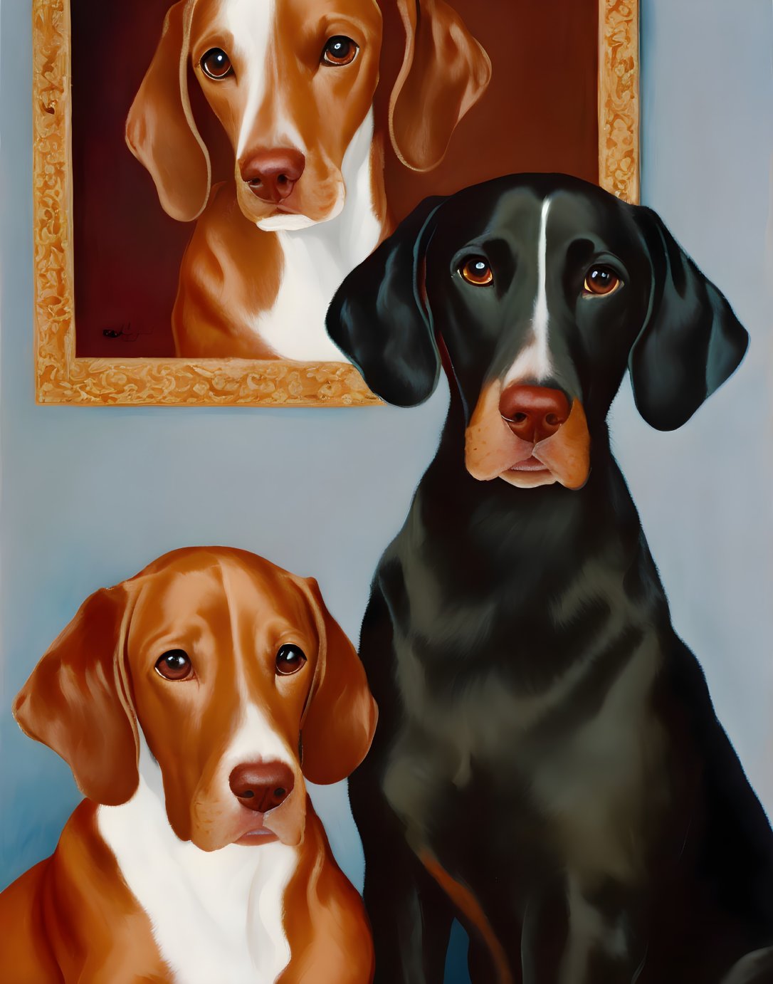 Three dogs posing with portrait of another dog.