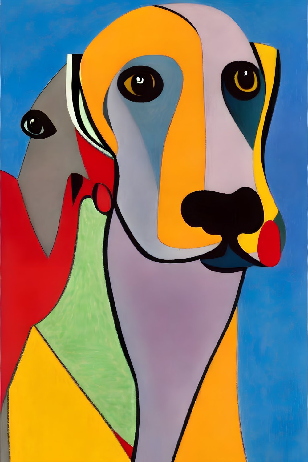 Vibrant abstract painting of stylized dog with bold eyes and colorful geometric shapes