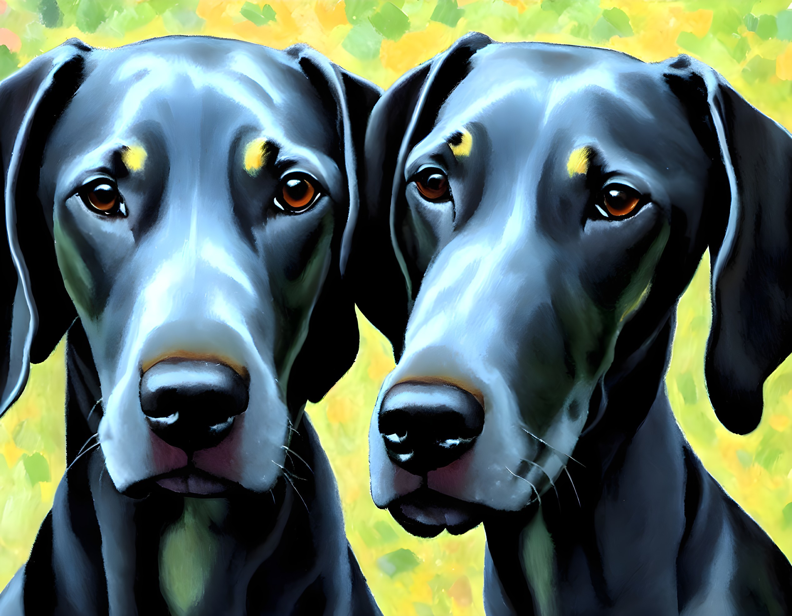 Two Black Dogs with Yellow Eyes in Yellow and Green Brushstrokes