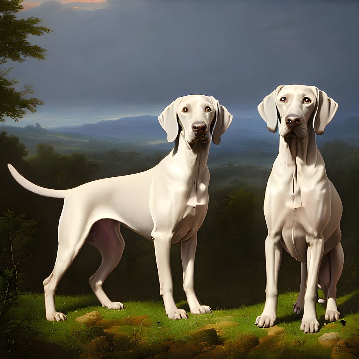 Two White Pointers in Natural Landscape with Dusky Sky