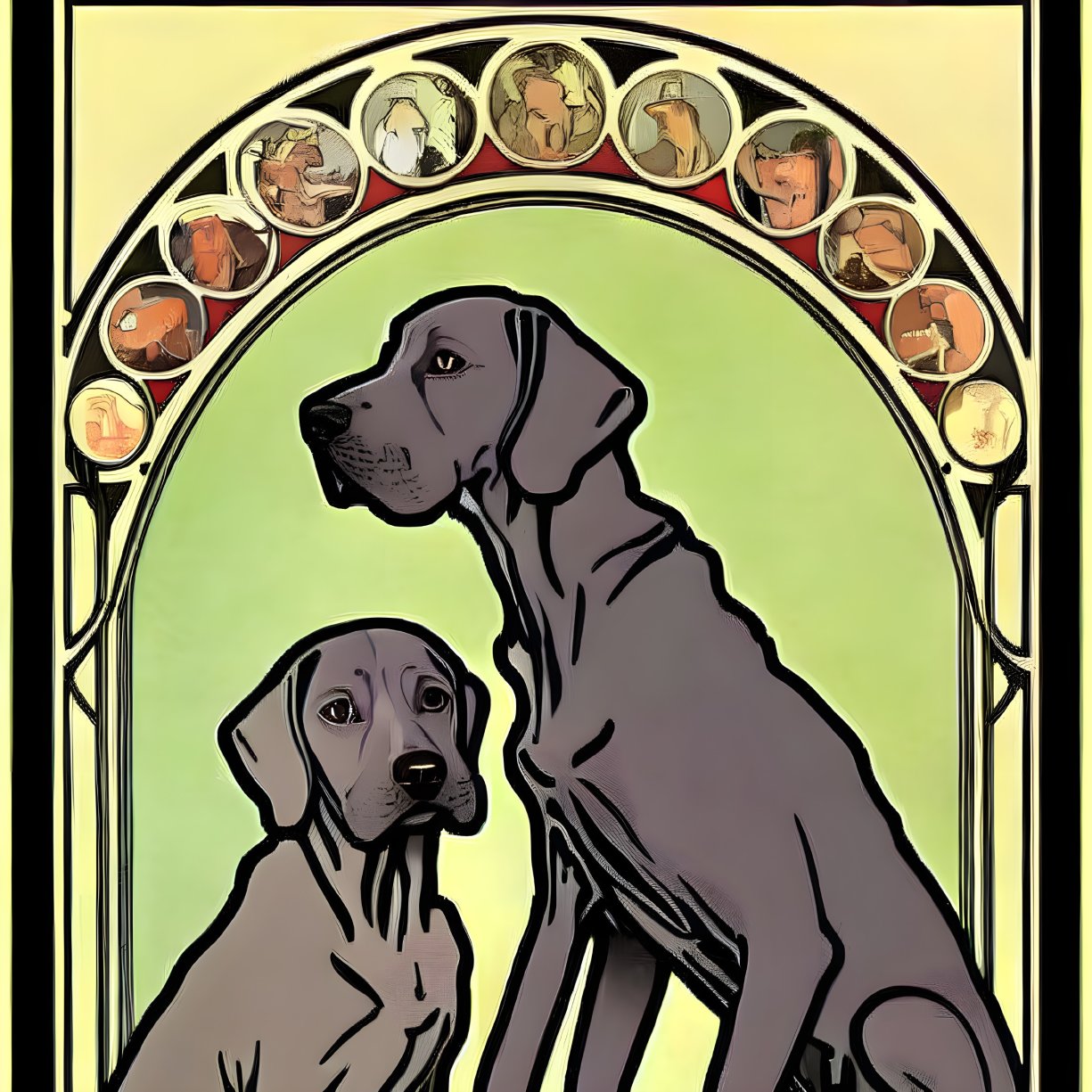 Two dogs in front of ornate arched window with decorative icons.