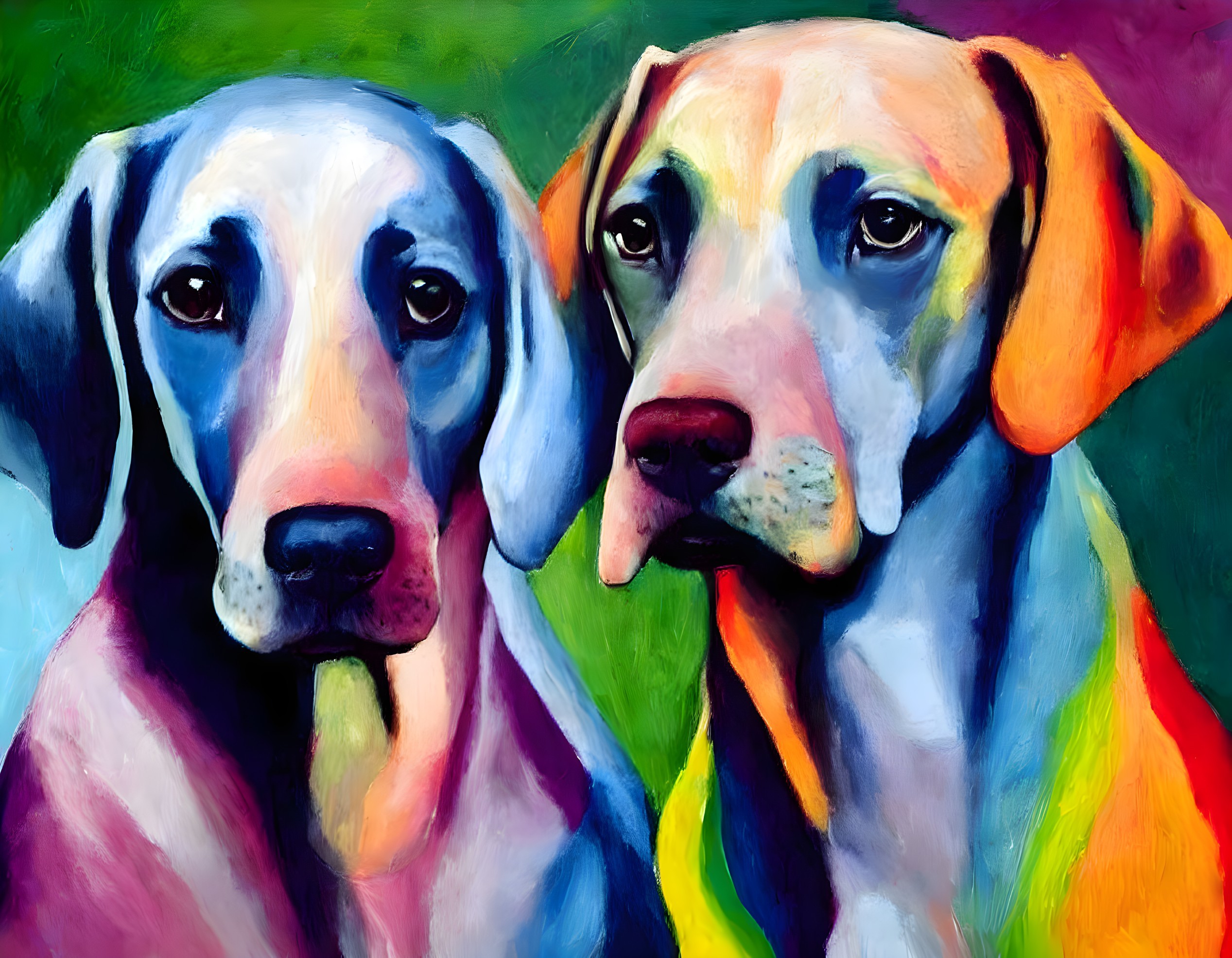 Vibrant painting of two dogs with exaggerated features in blue, pink, yellow, and green against