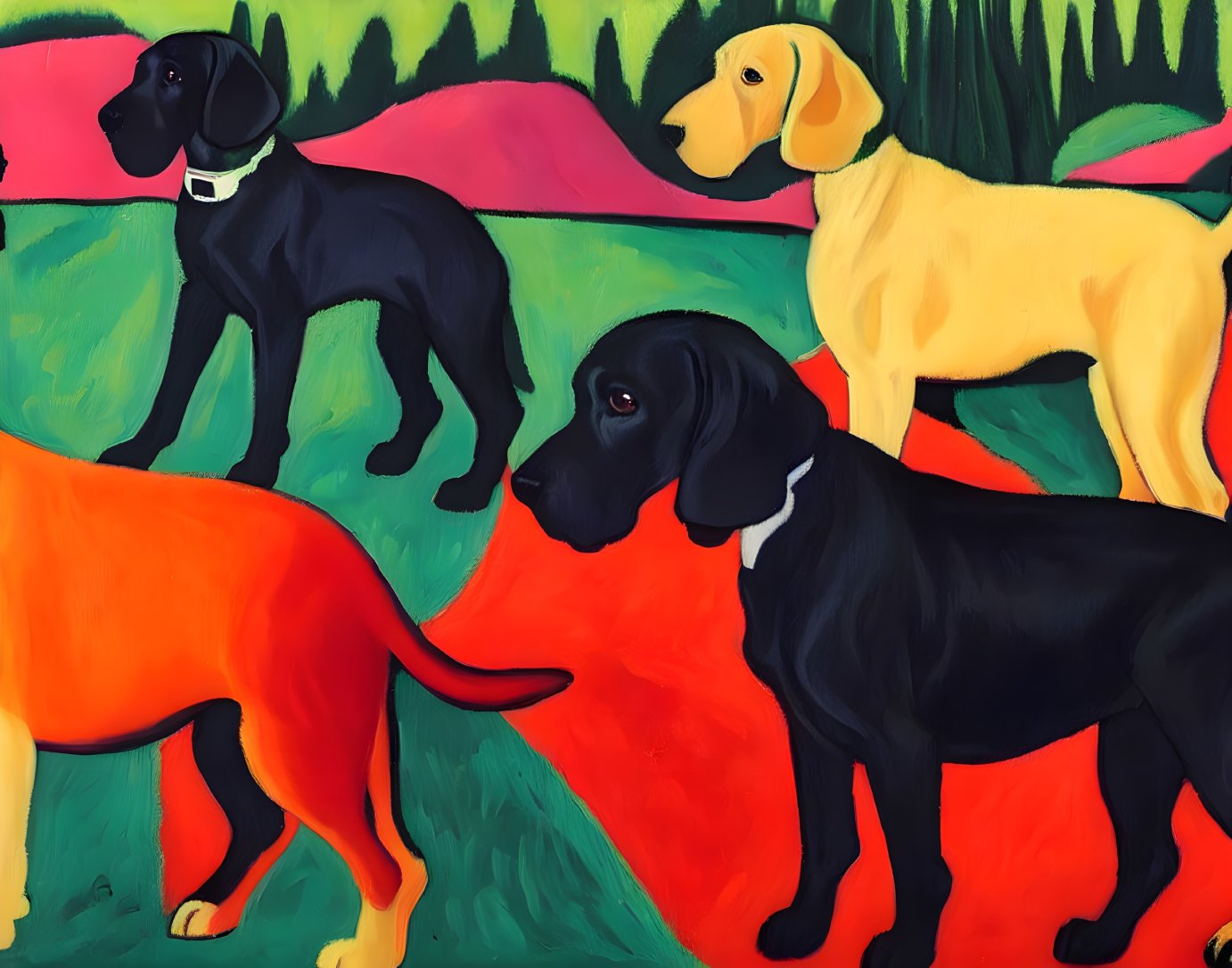 Vibrant Painting Featuring Three Dogs on Colorful Background