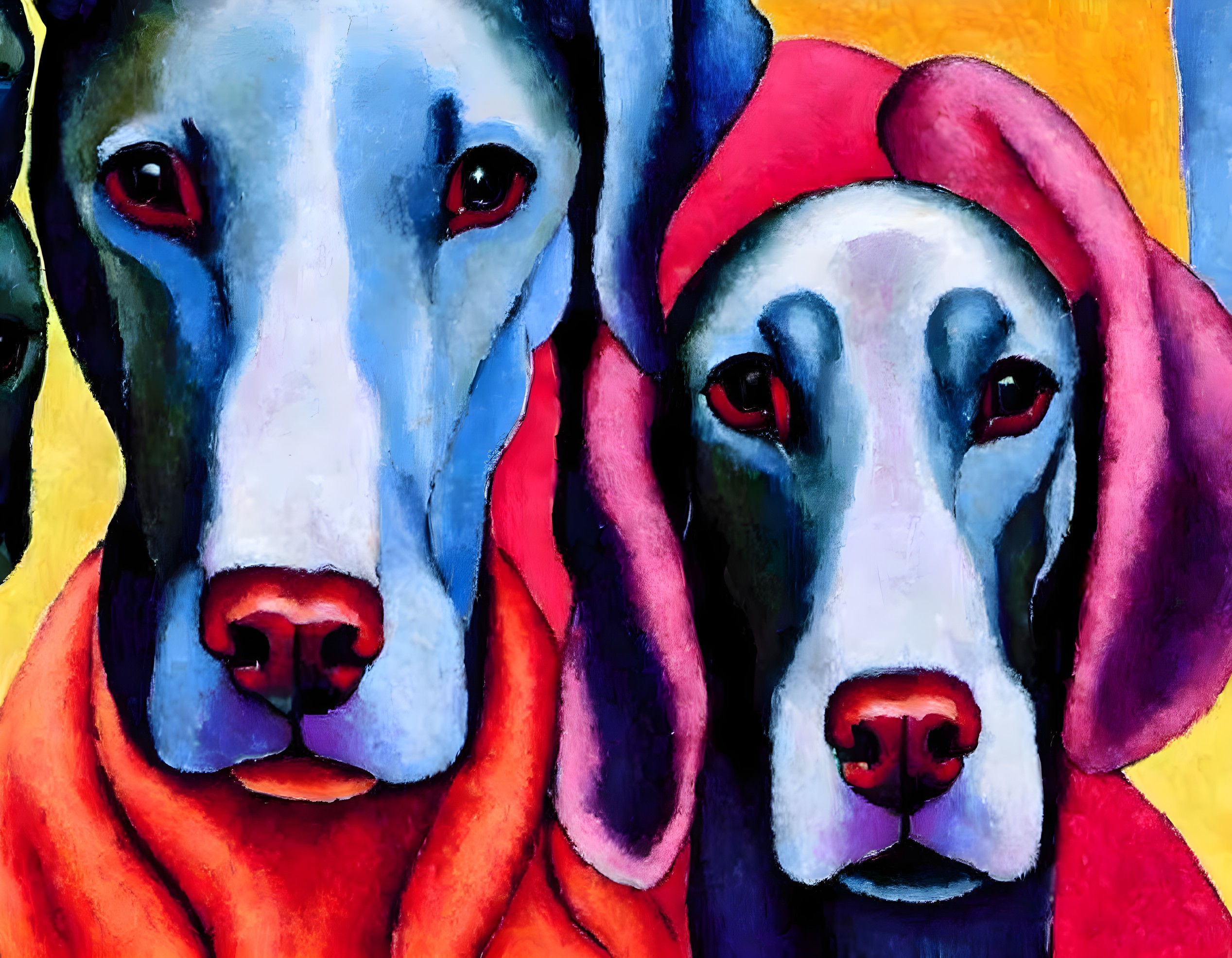 Vivid painting of two dogs in blue, yellow, and red tones