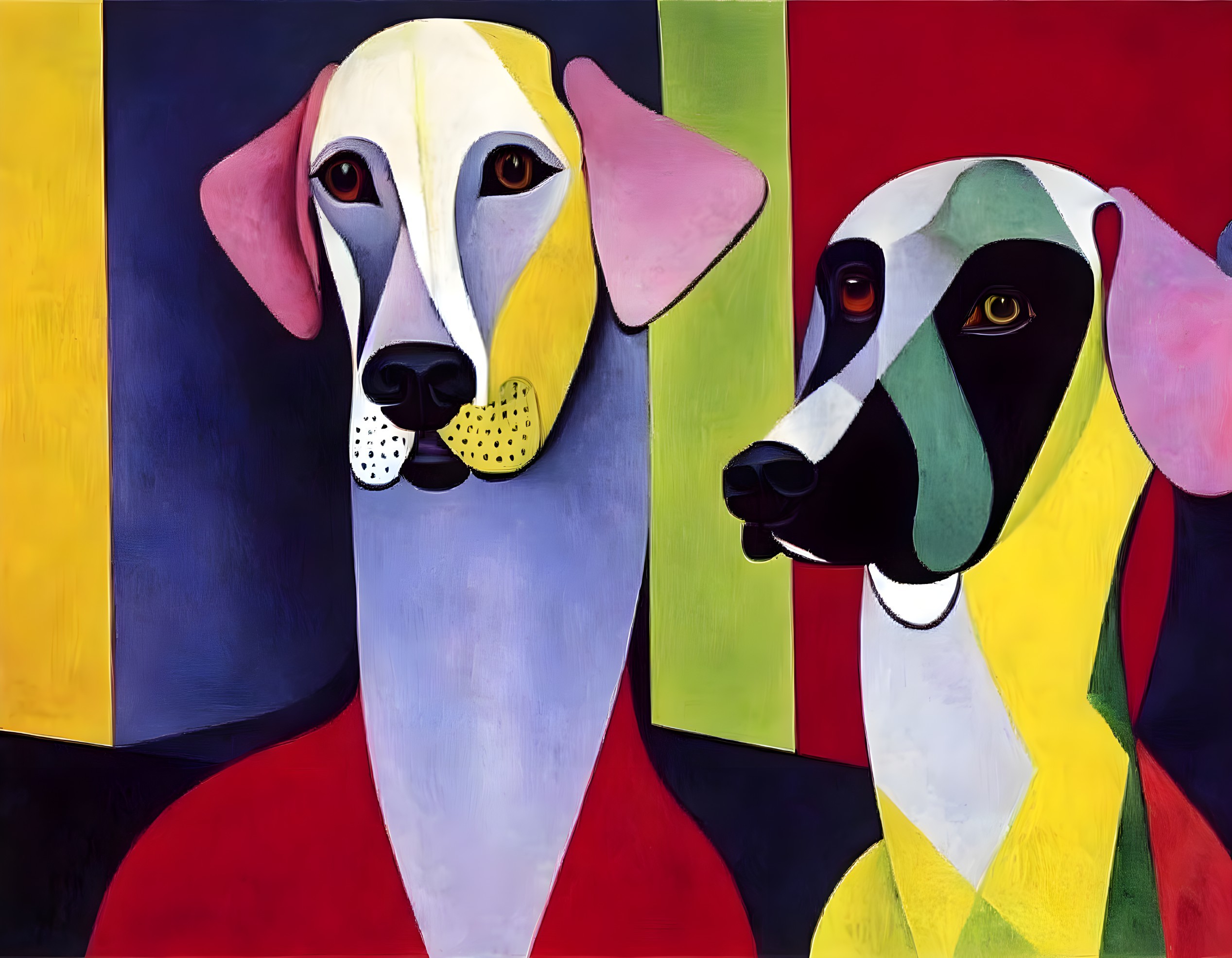 Vibrant abstract painting featuring stylized dogs on bold geometric background