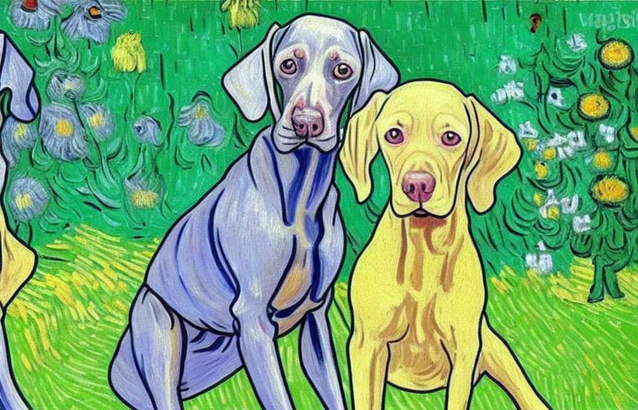 Stylized Dogs on Vibrant Green Background with Flowers