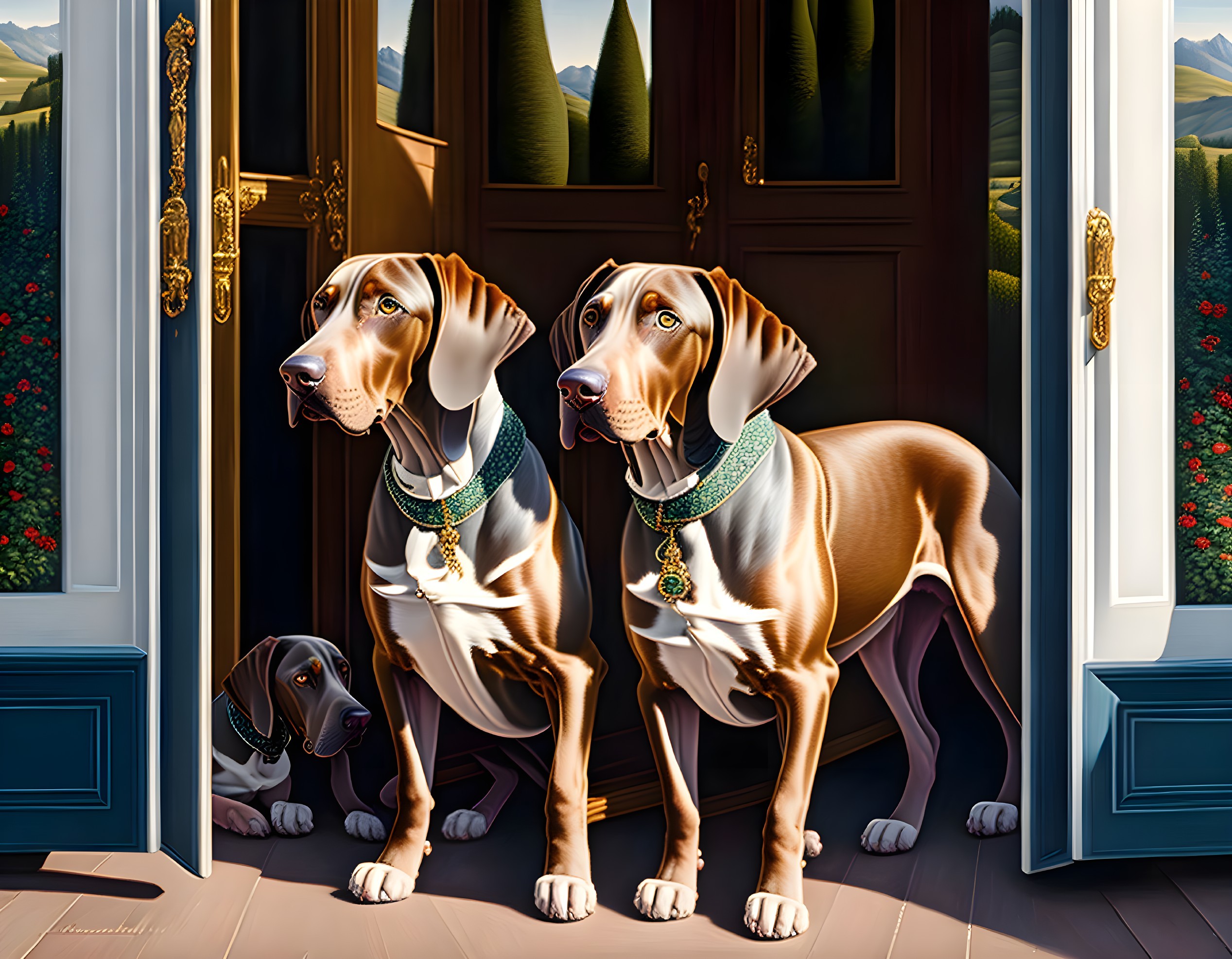 Three brown dogs with green collars by open door gaze at landscape