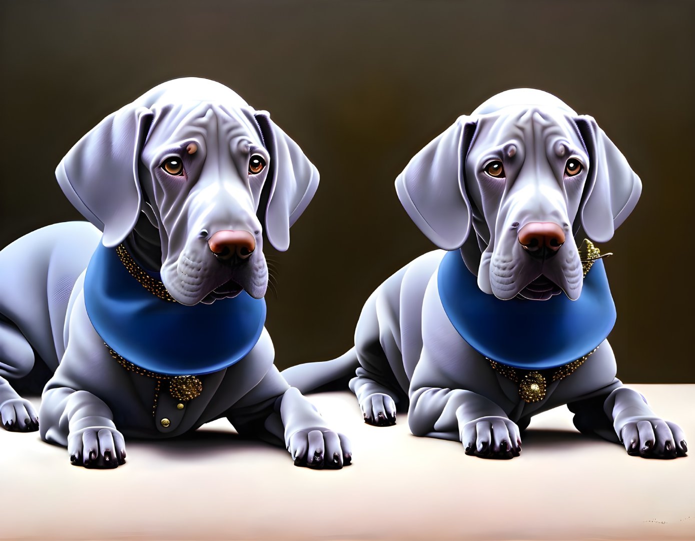 Two Weimaraner dogs in blue bandanas and gold-studded collars on soft brown background