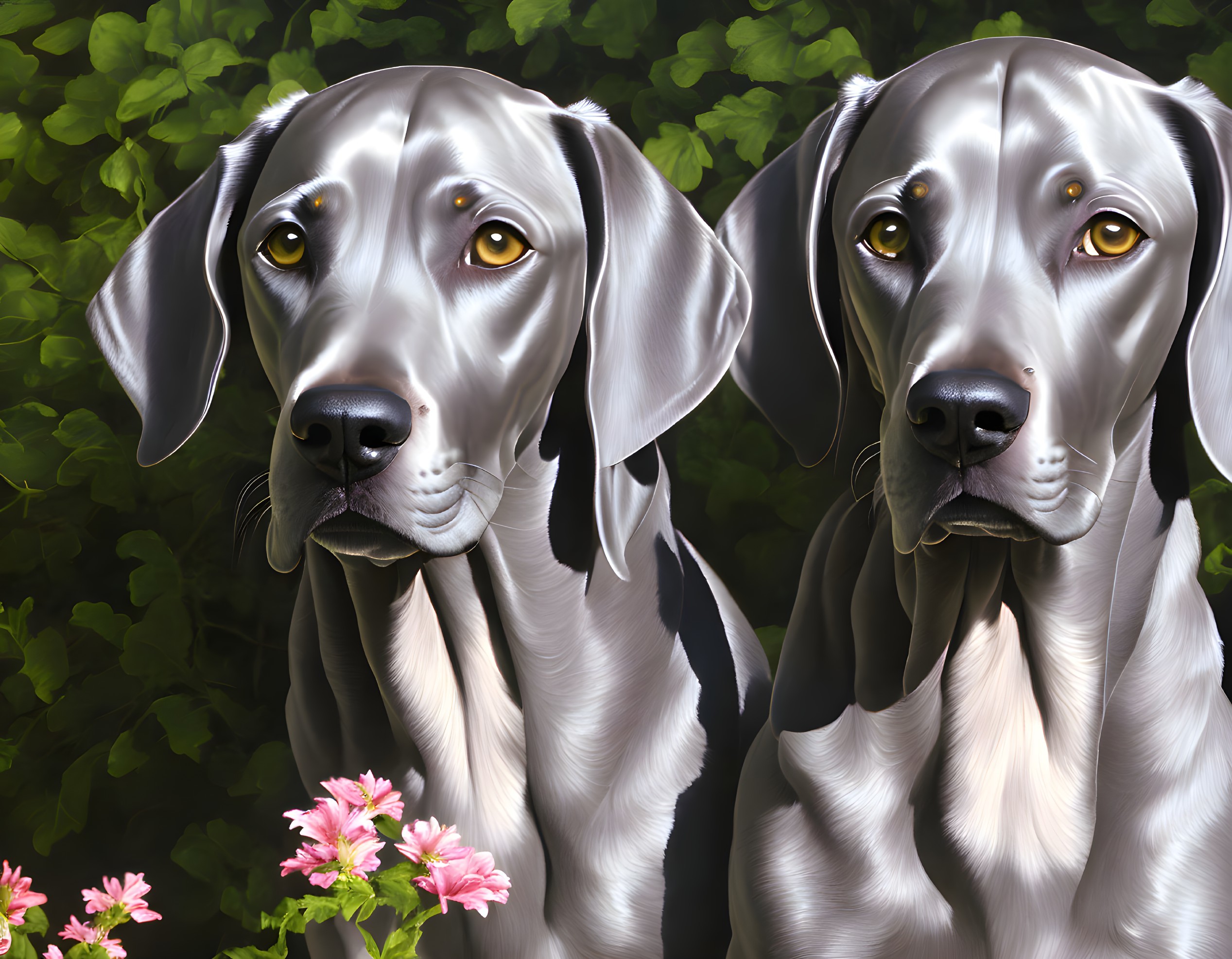 Gray Weimaraner Dogs with Golden Eyes Surrounded by Pink Flowers