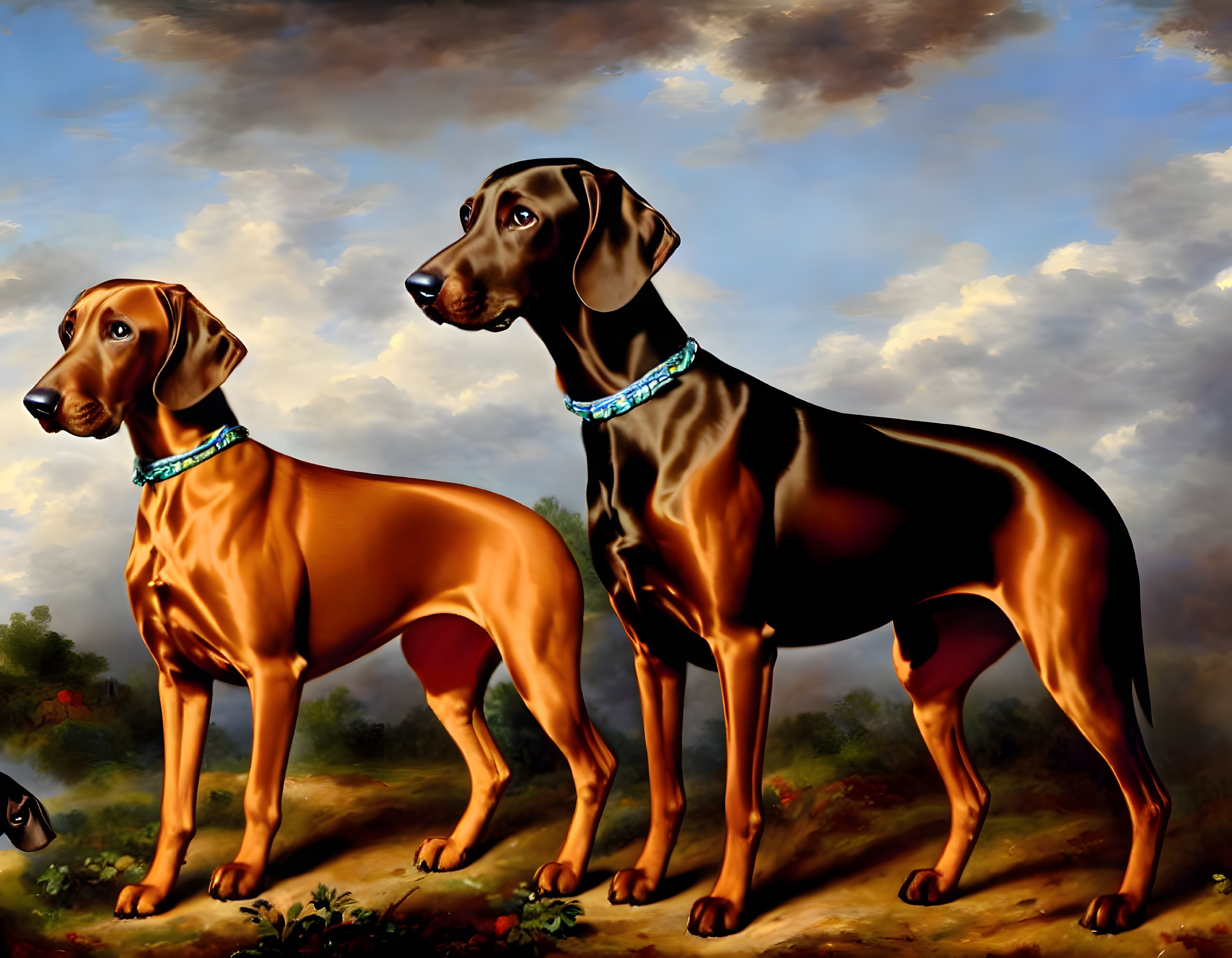 Elegant Doberman Dogs with Blue Collars Against Cloudy Sky