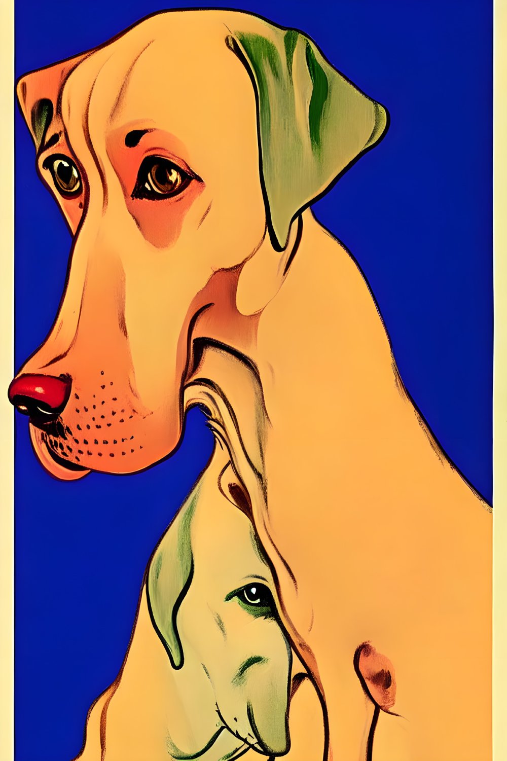 Vibrant abstract art: Yellow and green dogs on blue background