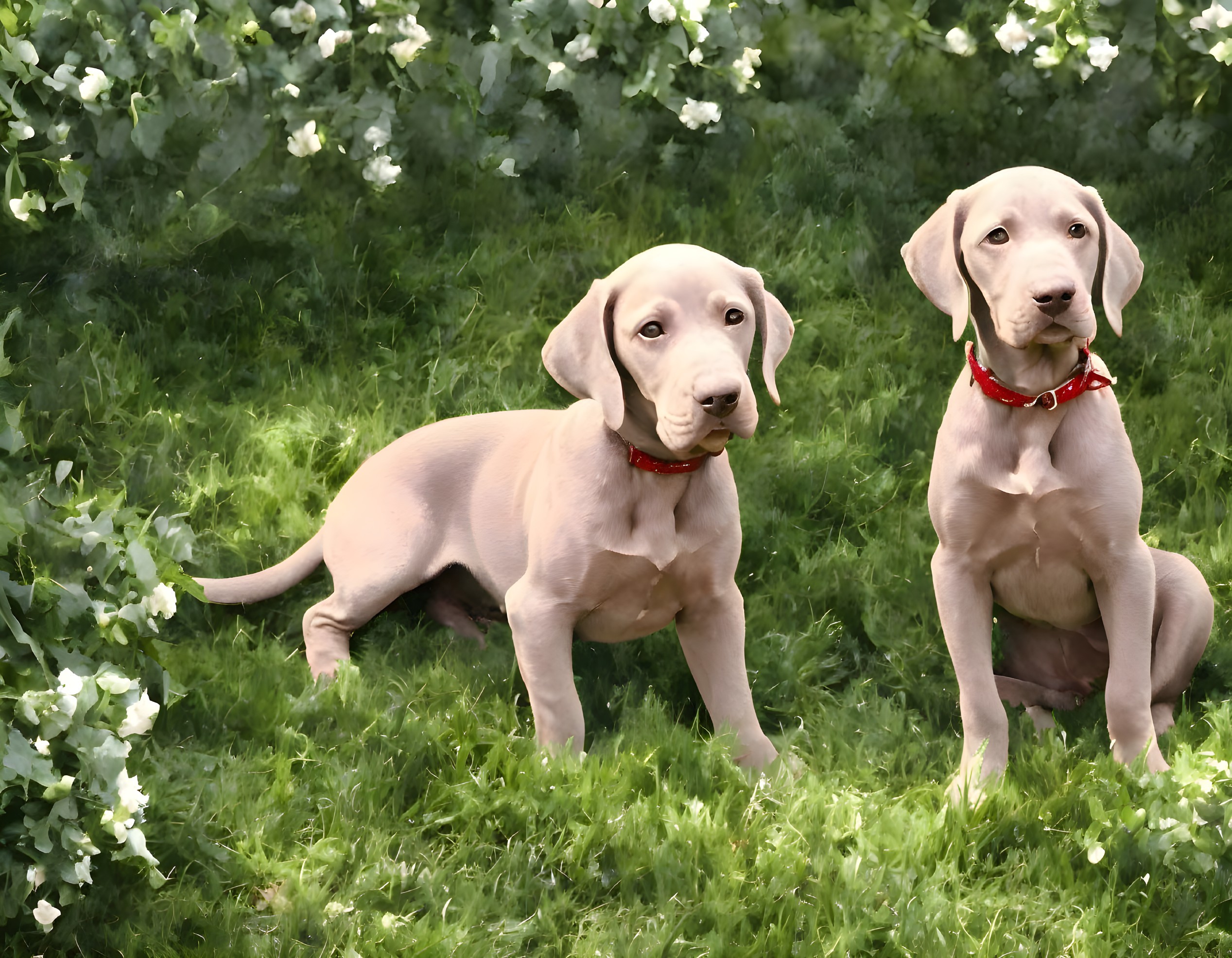 Two Weimaraner Puppies with Red Collars in Greenery and White Flowers