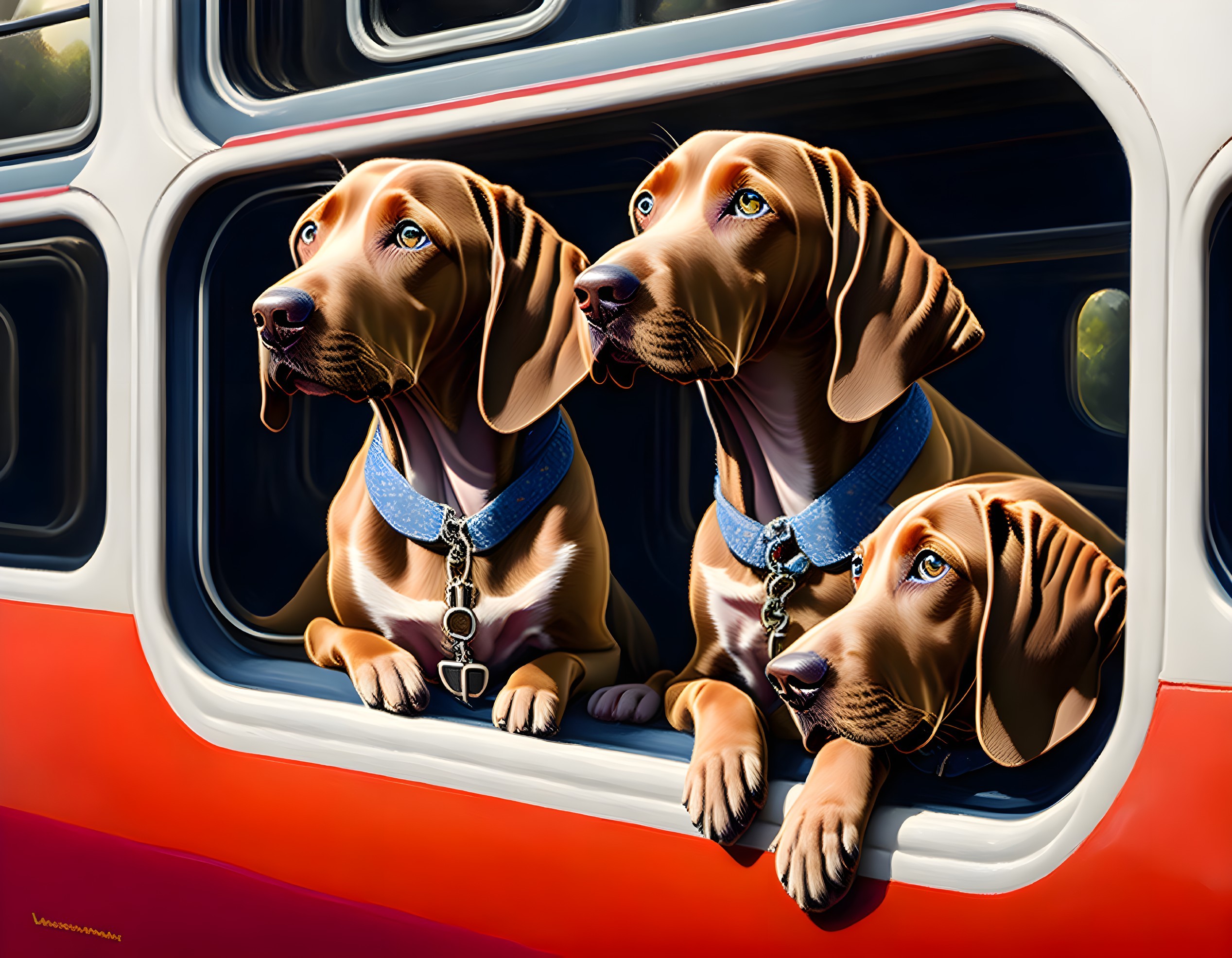Three Brown Dogs with Blue Collars Looking out of Red and White Vehicle