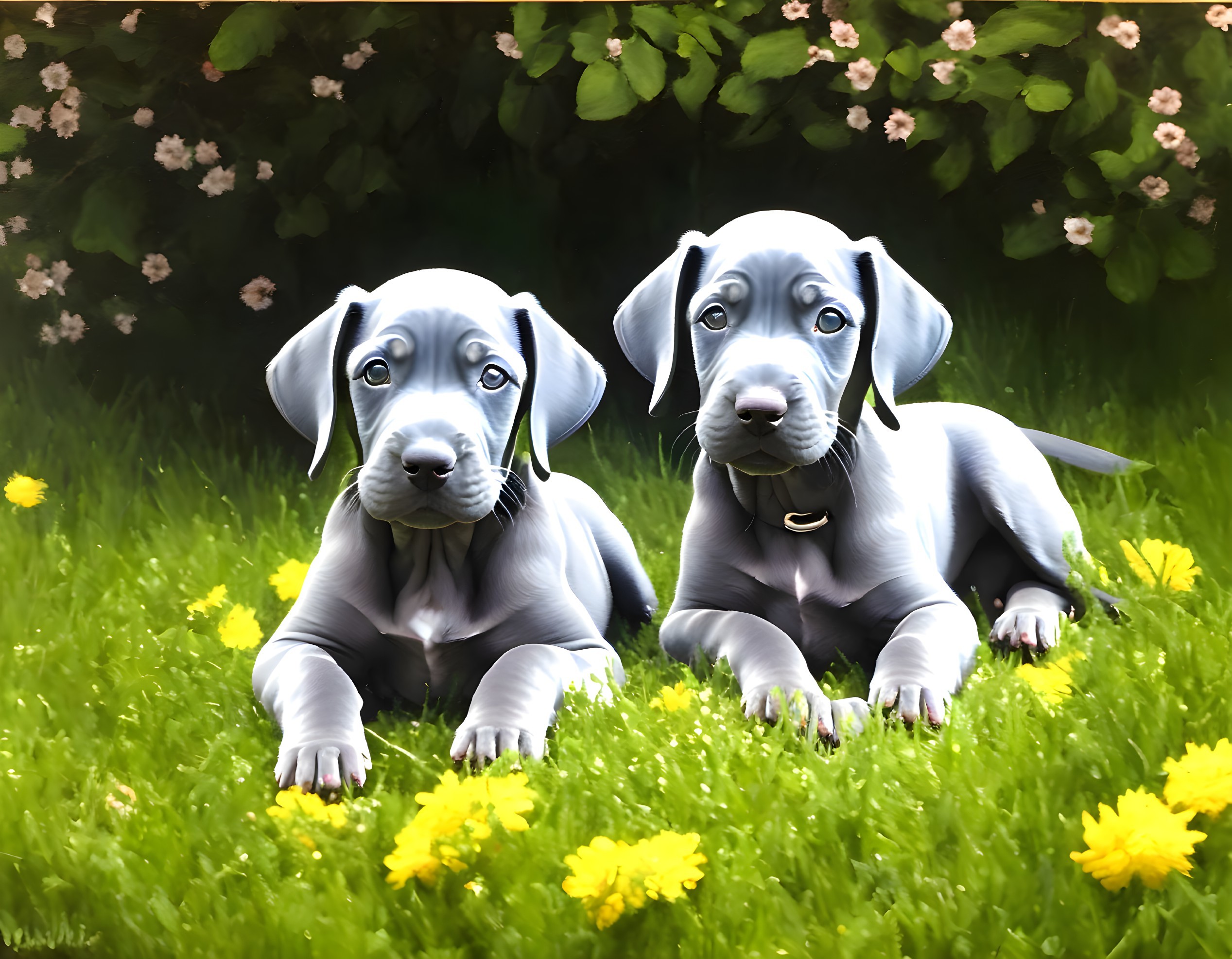 Blue Great Dane Puppies Relaxing on Green Grass with Yellow Flowers