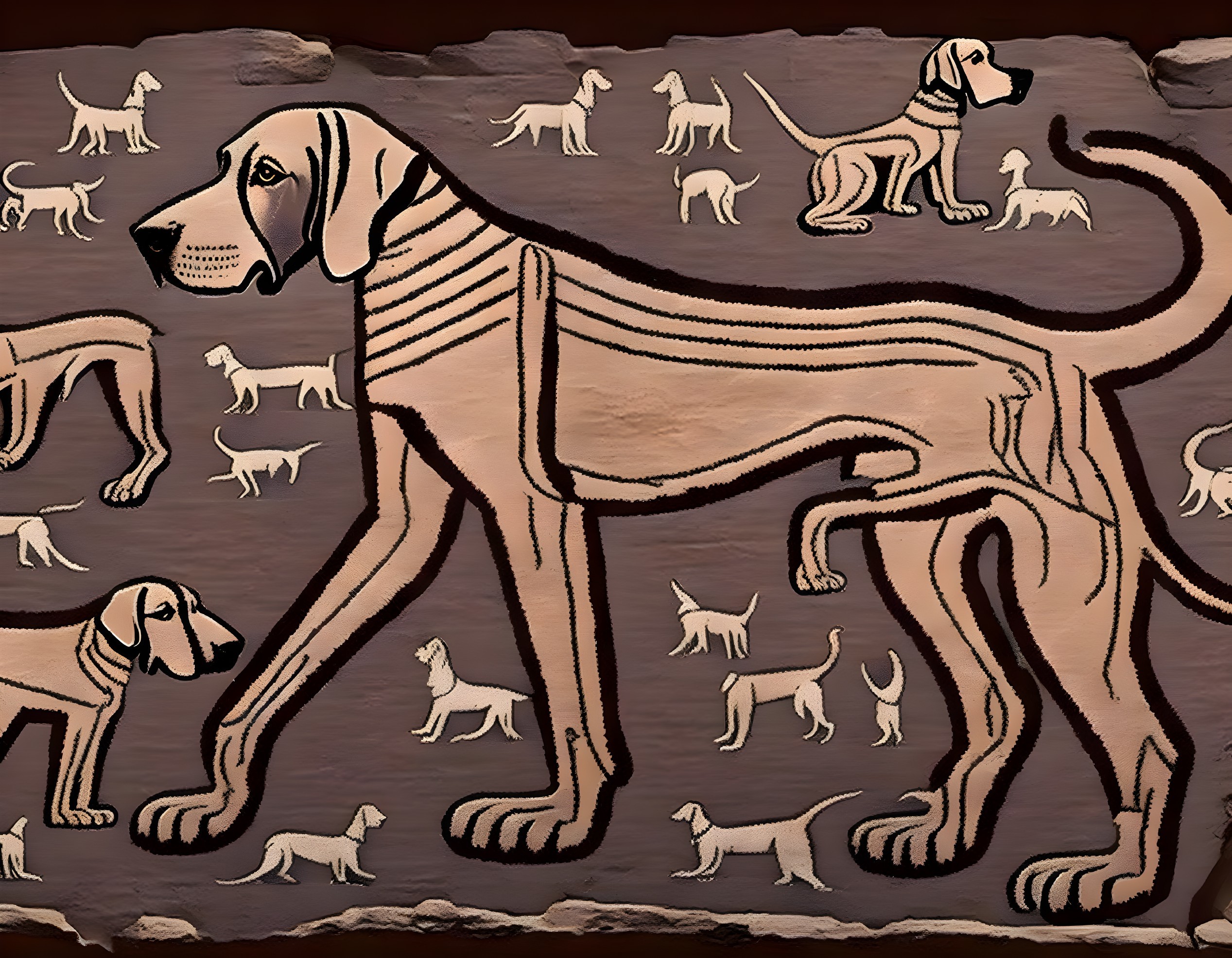 Multiple dogs in maze pattern on textured background