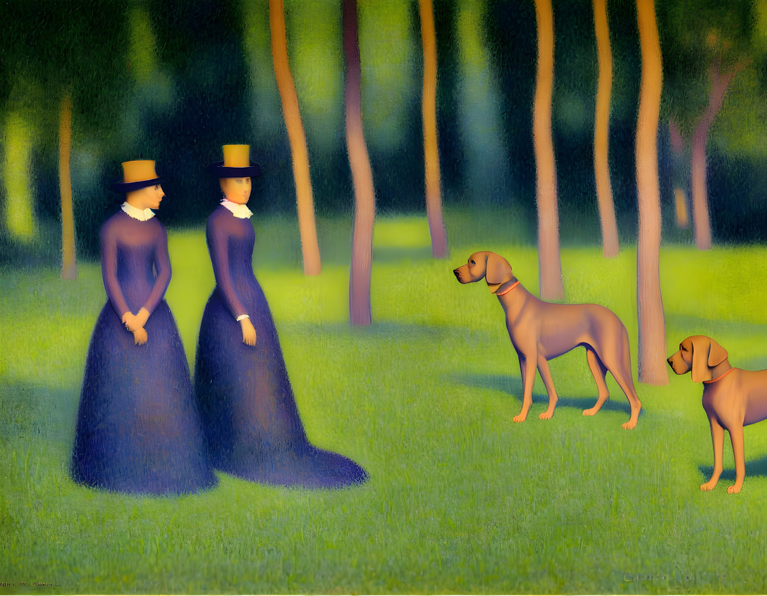 Victorian-era women in blue dresses and hats with dogs in park setting