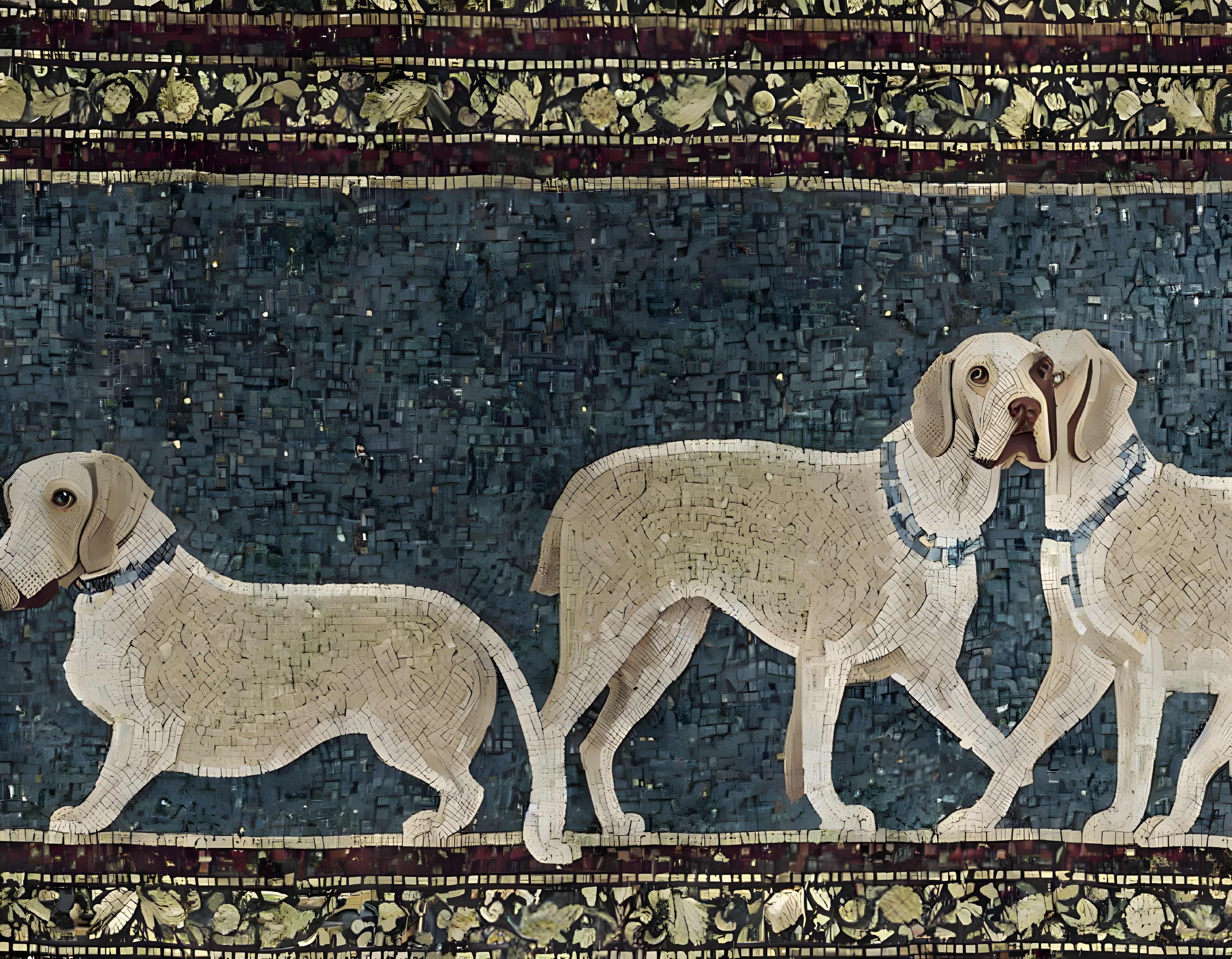 Intricate mosaic of two dogs on a leash with decorative border on textured blue background