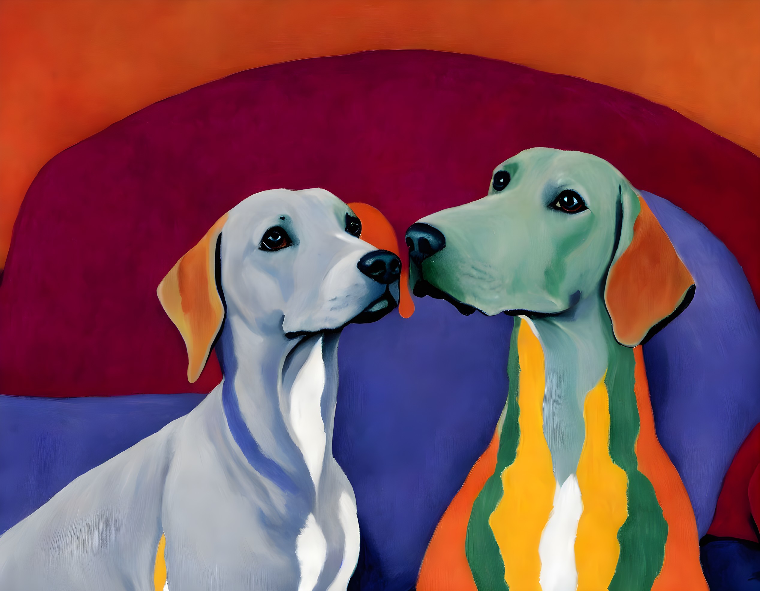 Vibrant painting of two dogs in striped scarf on colorful background