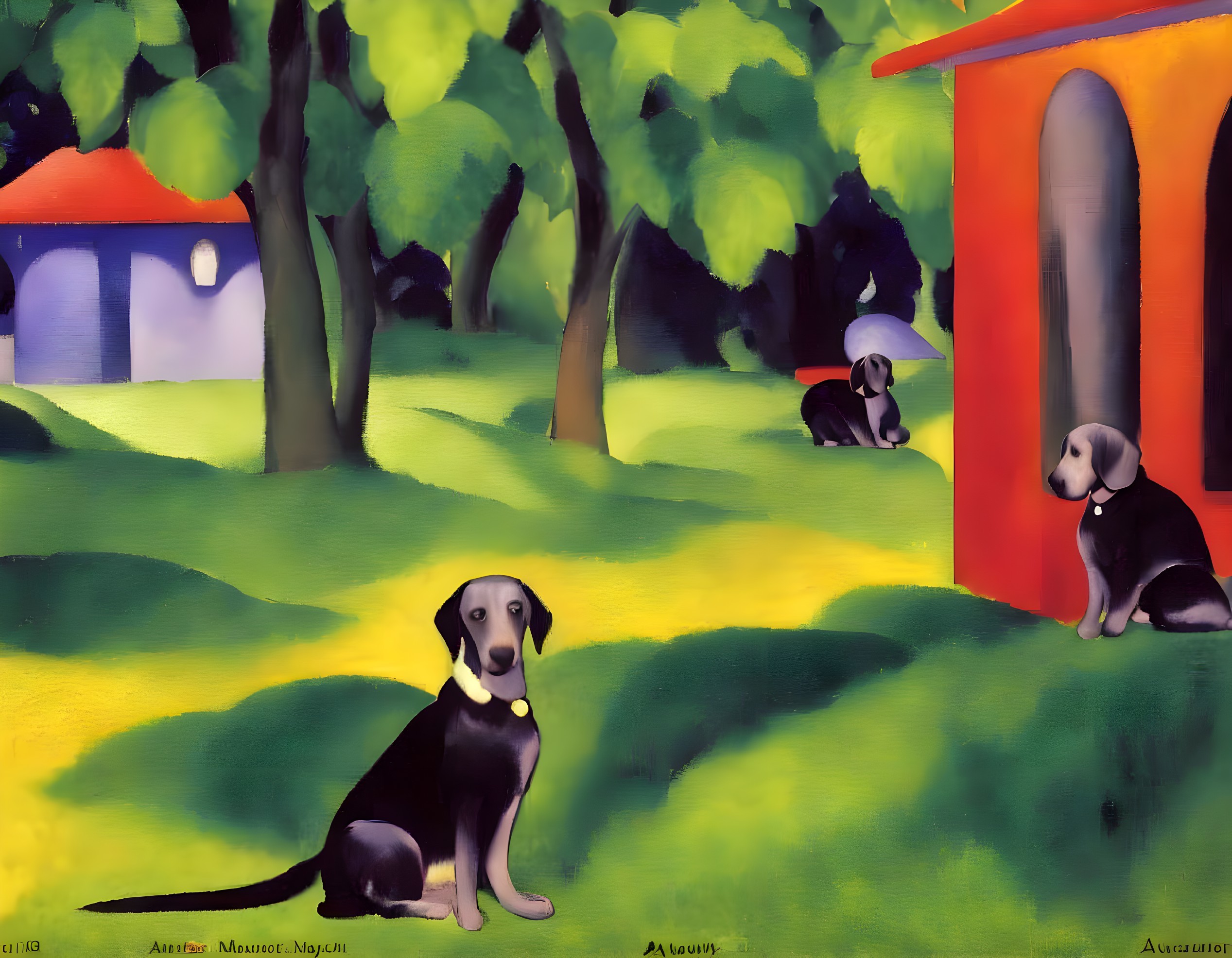 Vibrant surreal painting of three dogs in colorful landscape