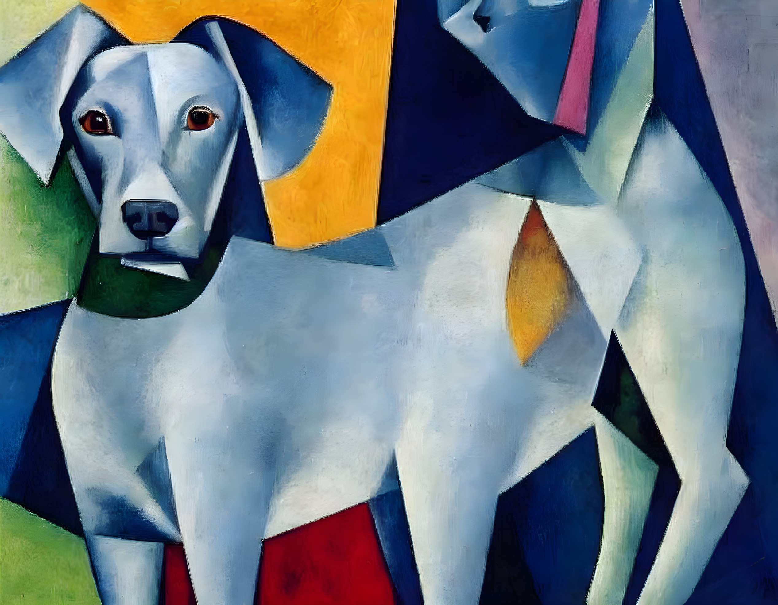 Abstract Cubist Dog Painting with Vibrant Colors and Geometric Shapes