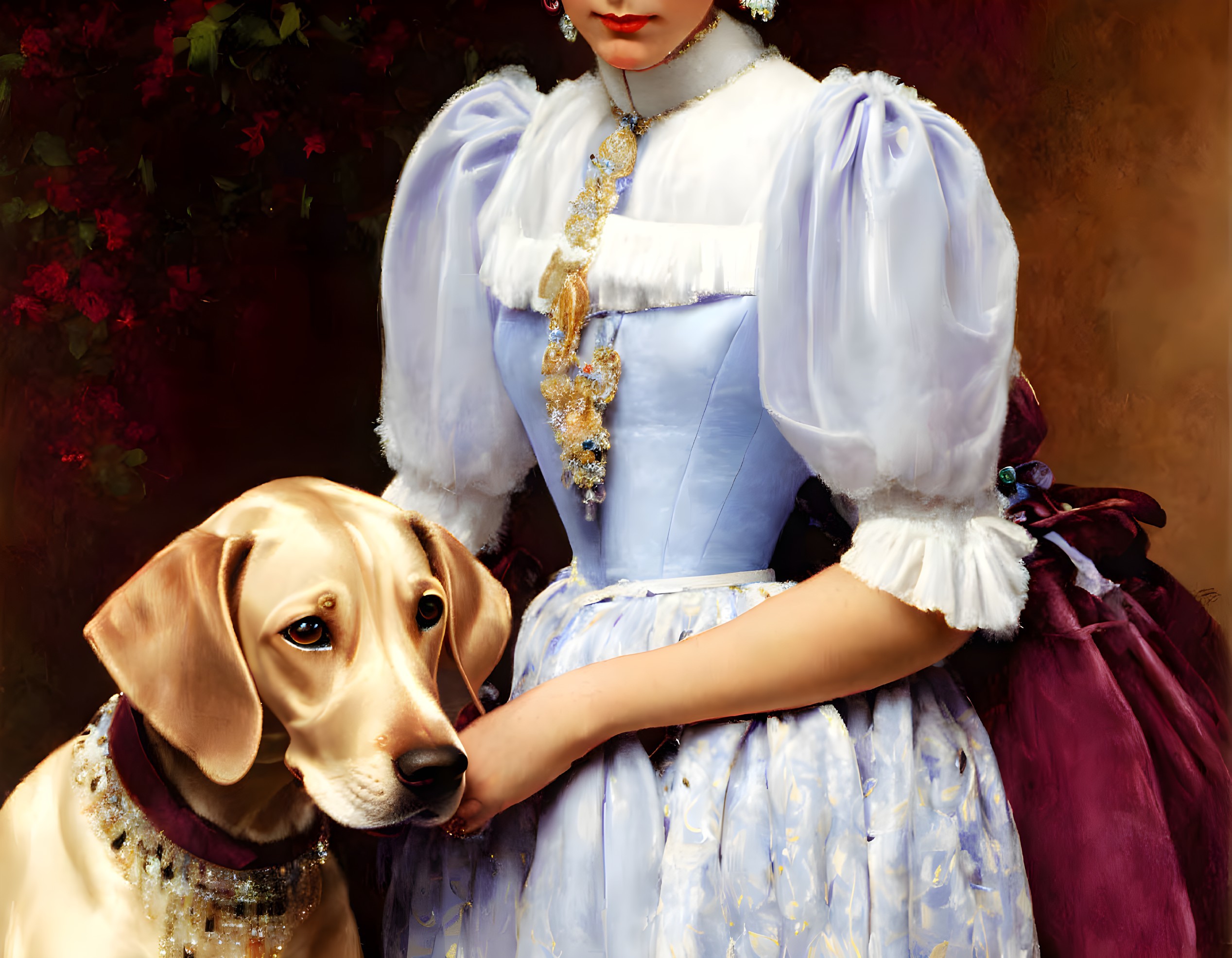 Vintage blue dress with puffed sleeves, red sash, gold jewelry, and loyal beige dog.