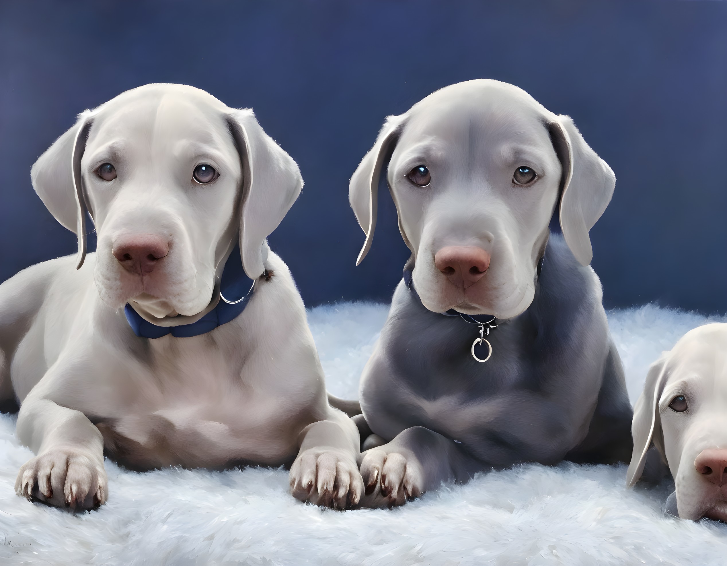 Three White Puppies with Blue-Gray Eyes on Fluffy Surface against Blue Background