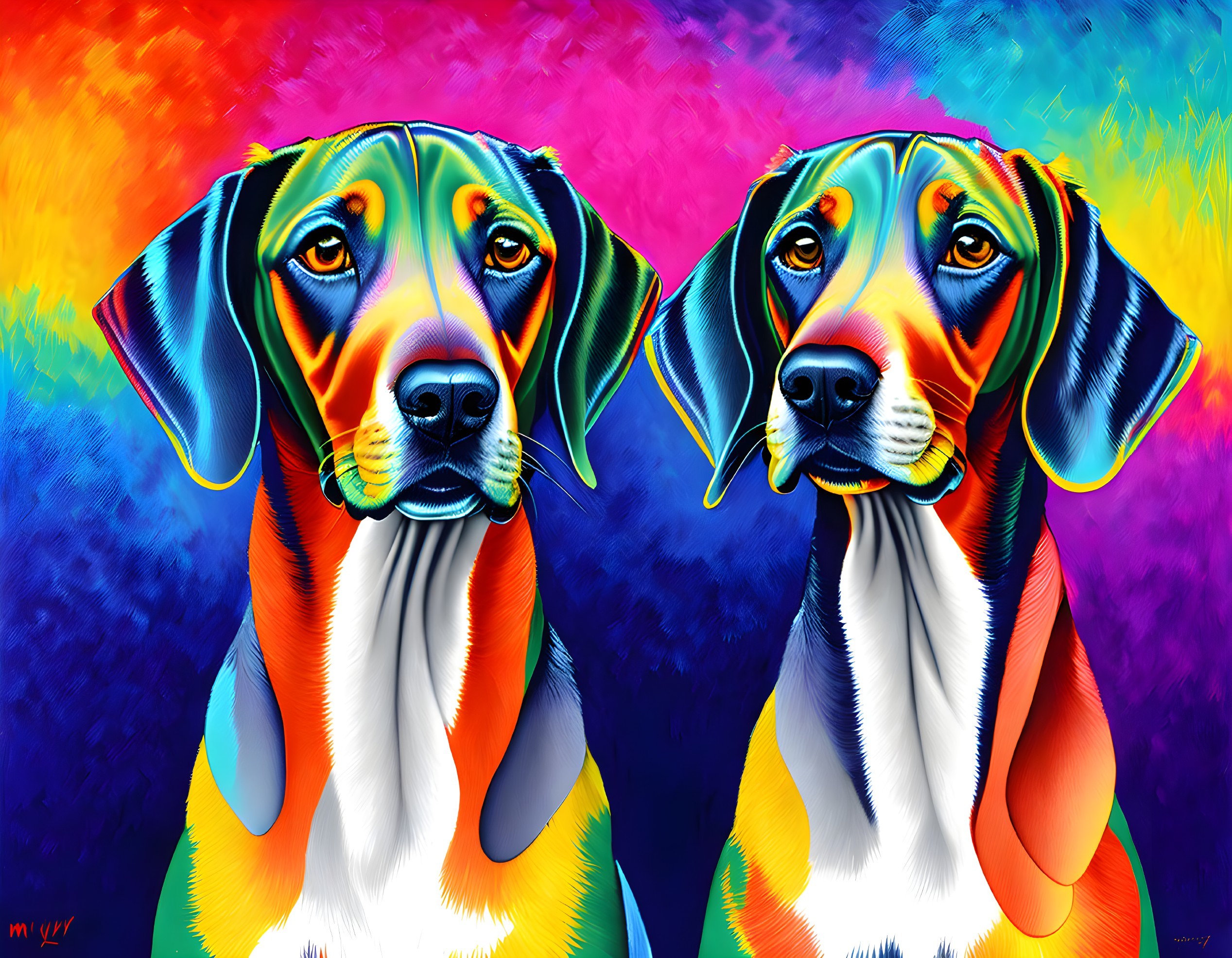 Vibrant digital artwork featuring two dogs on colorful background