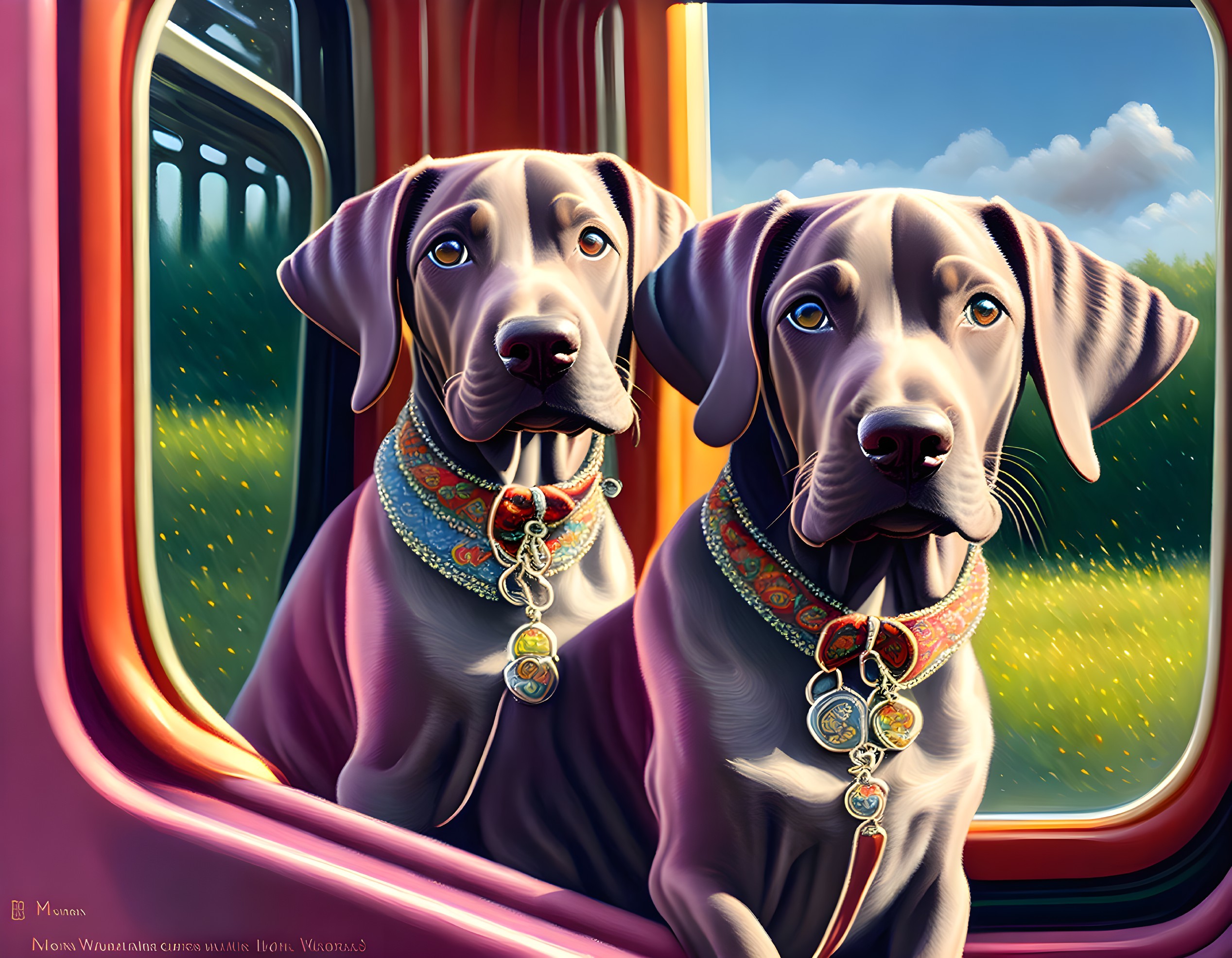 Two Weimaraner Dogs with Decorative Collars in Vehicle Window with Landscape