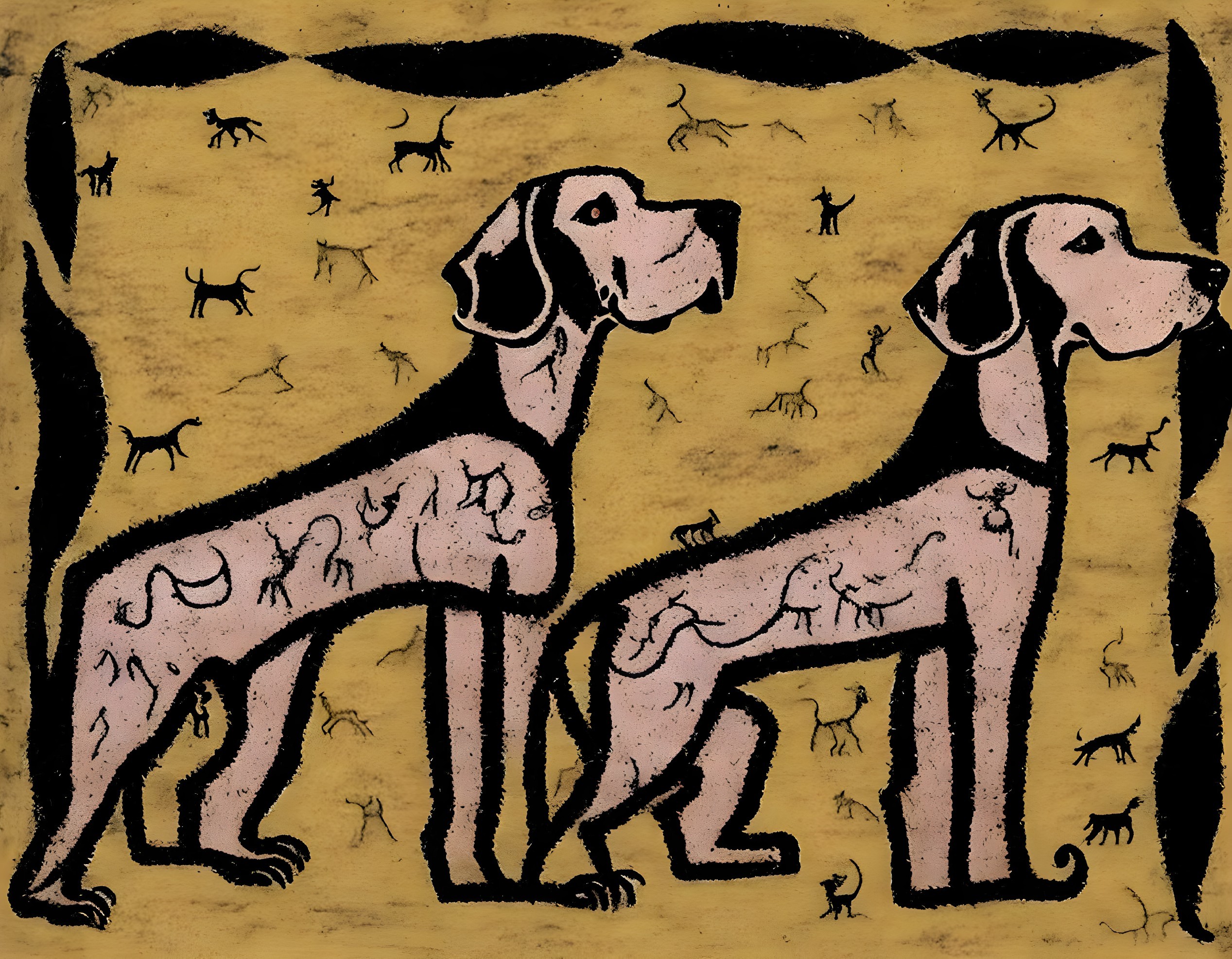 Stylized pink dogs with black outlines on yellow background