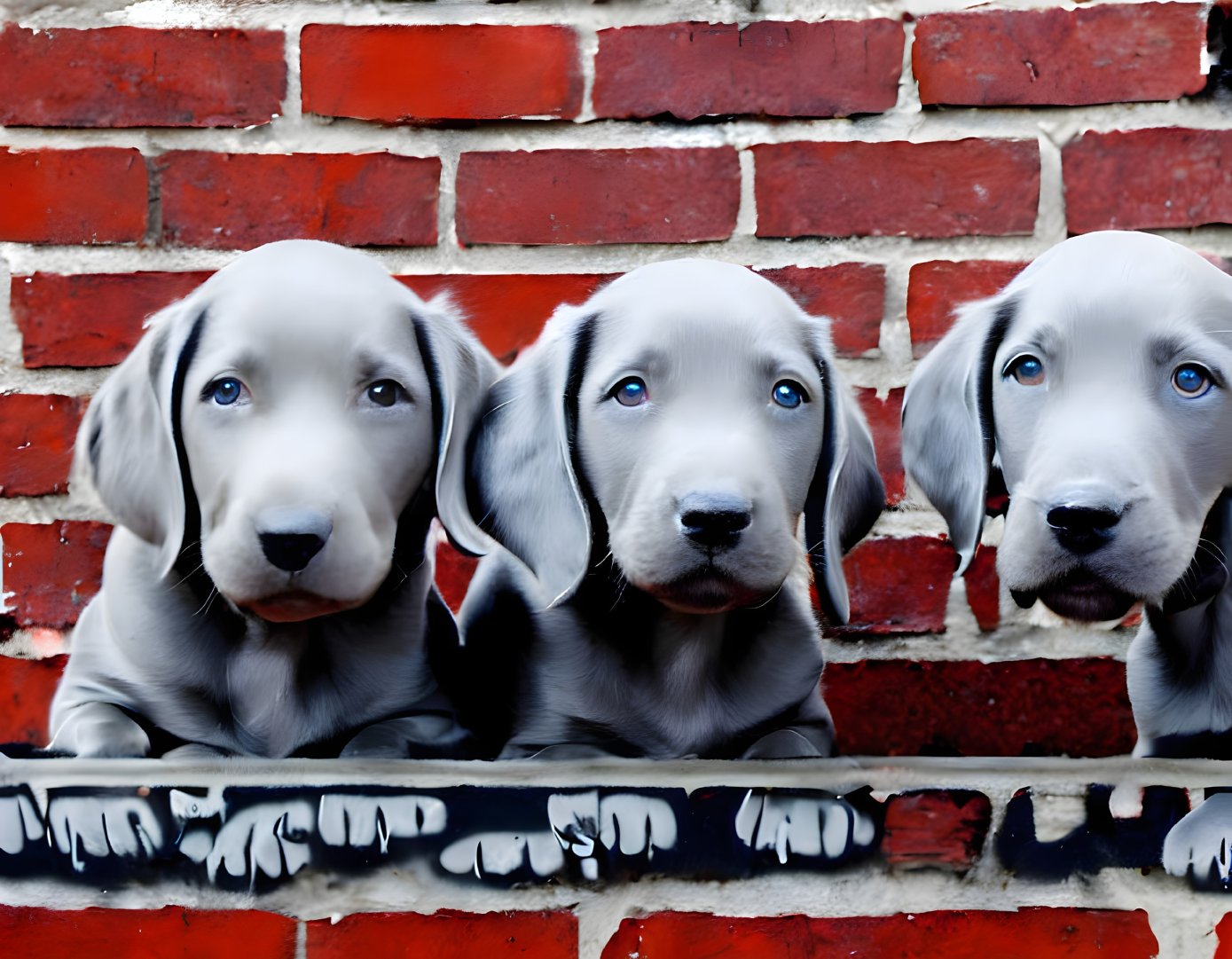 Three Weimaraner Puppies Behind Black Fence and Red Brick Wall