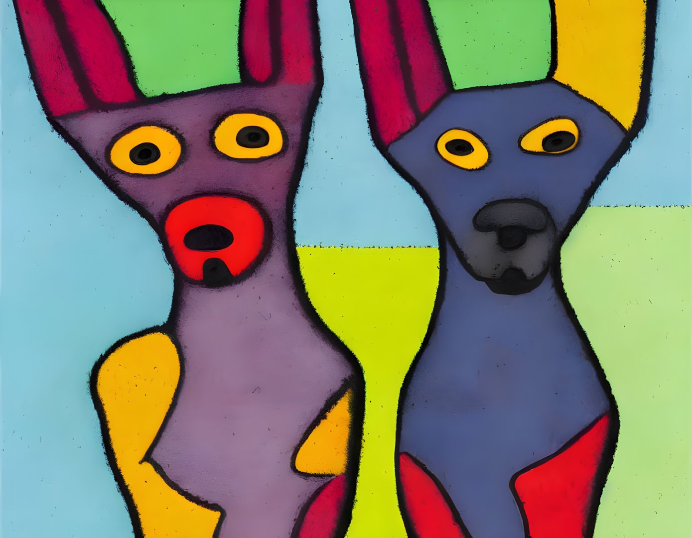 Vibrant Abstract Painting of Anthropomorphic Dogs