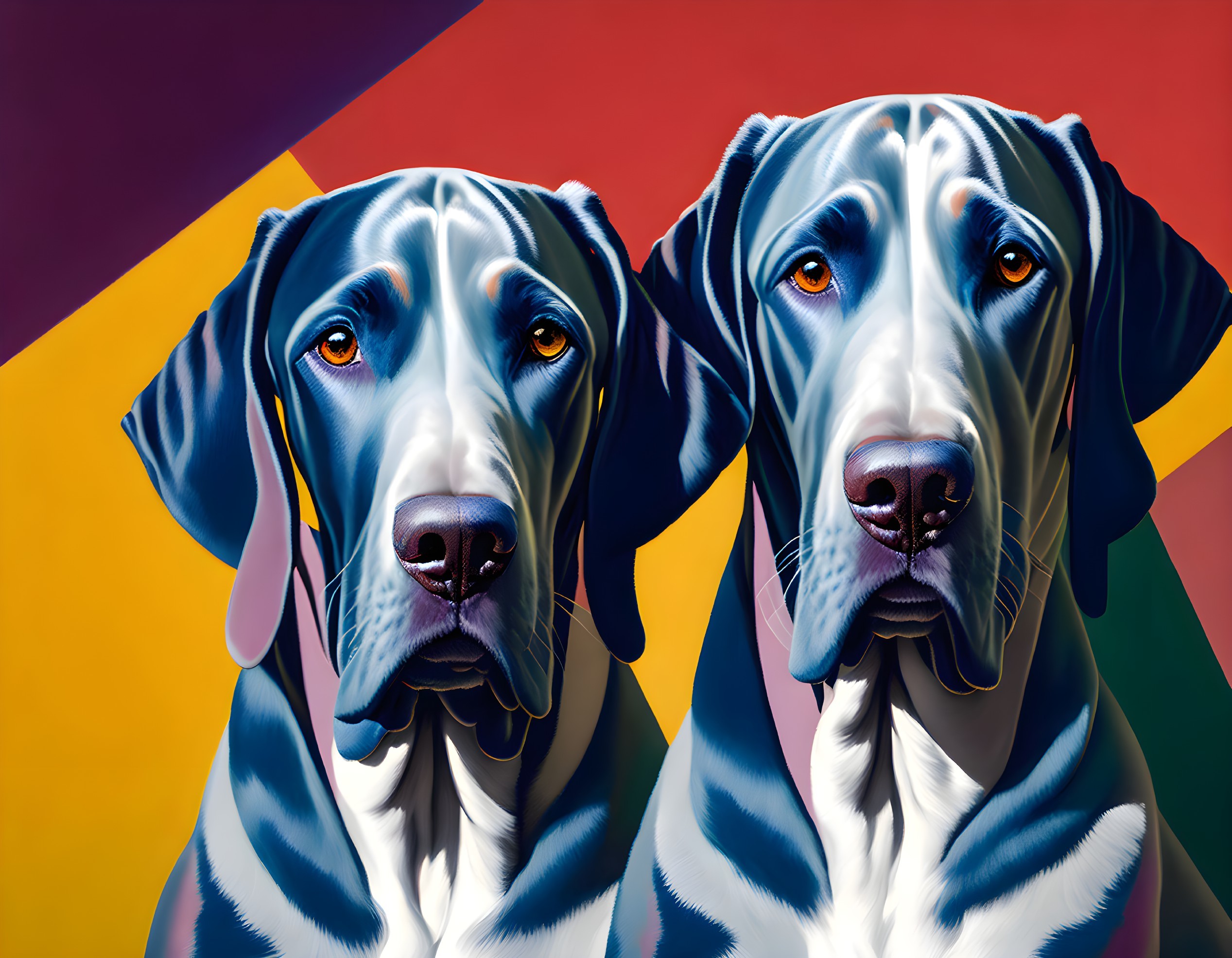 Hyperrealistic Painting of Two Great Danes on Vibrant Multicolored Background