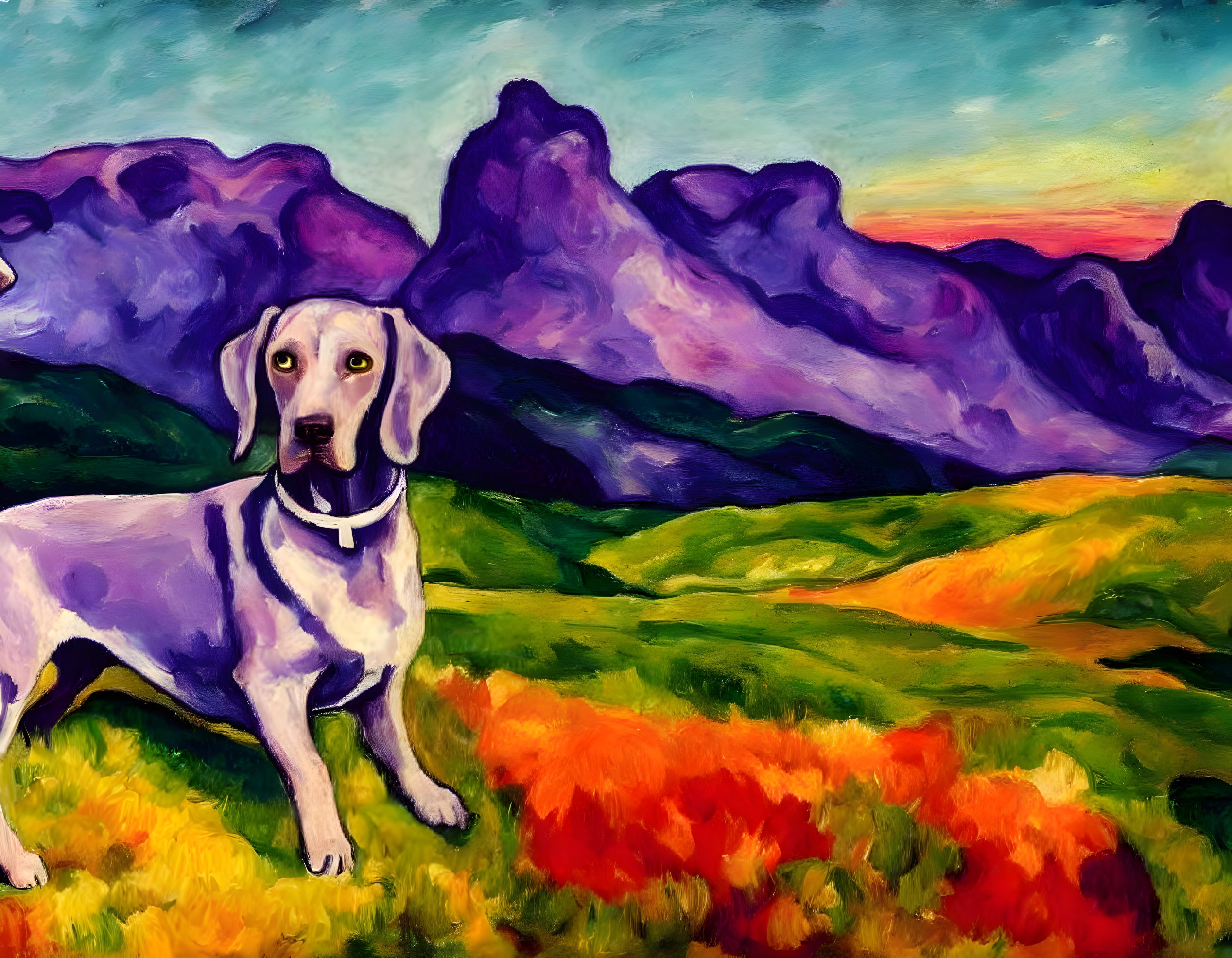 Colorful painting of white dog in vibrant field with purple mountains and sunset sky