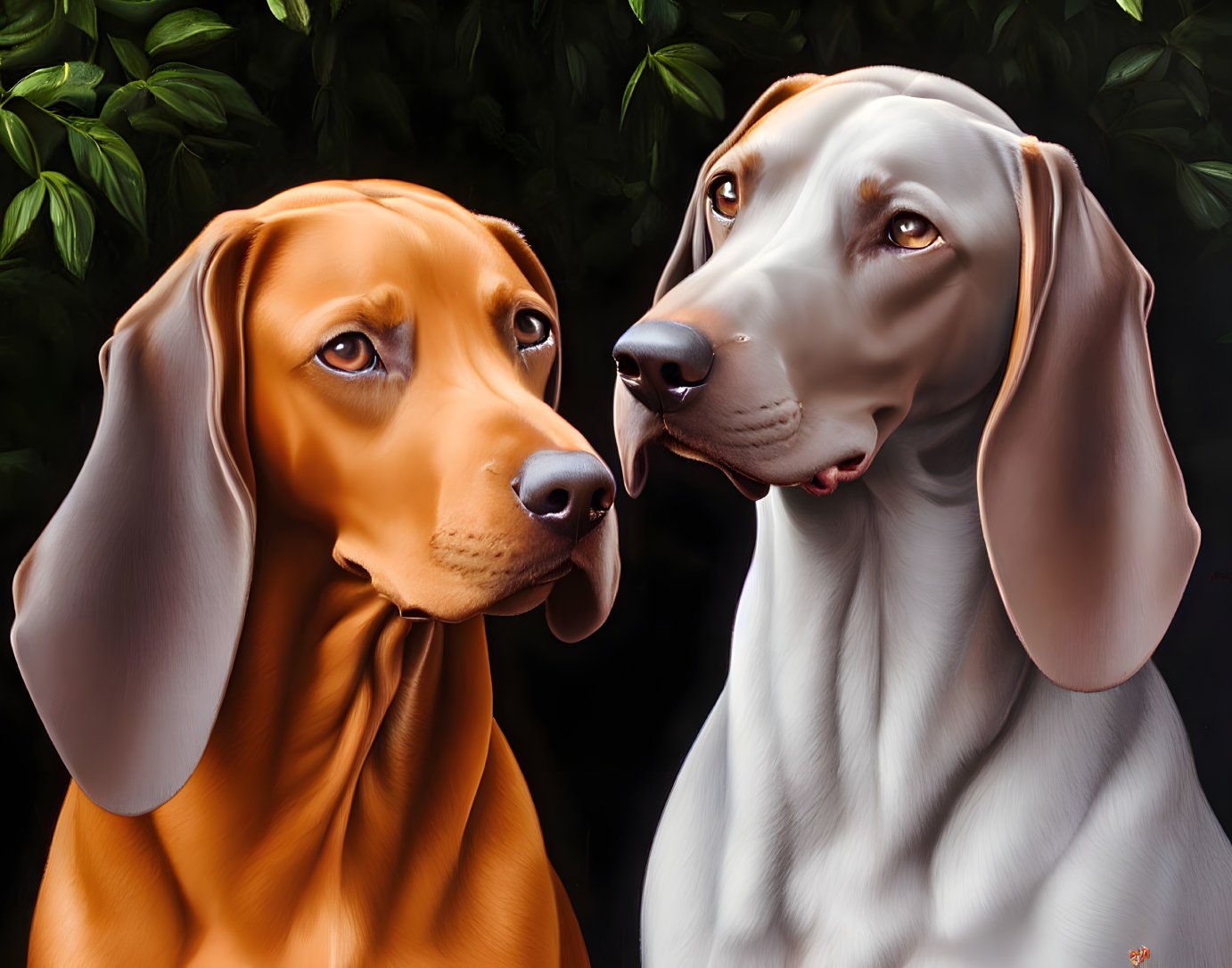 Two glossy-coated hound dogs, one brown and one white with brown patches, against a dark