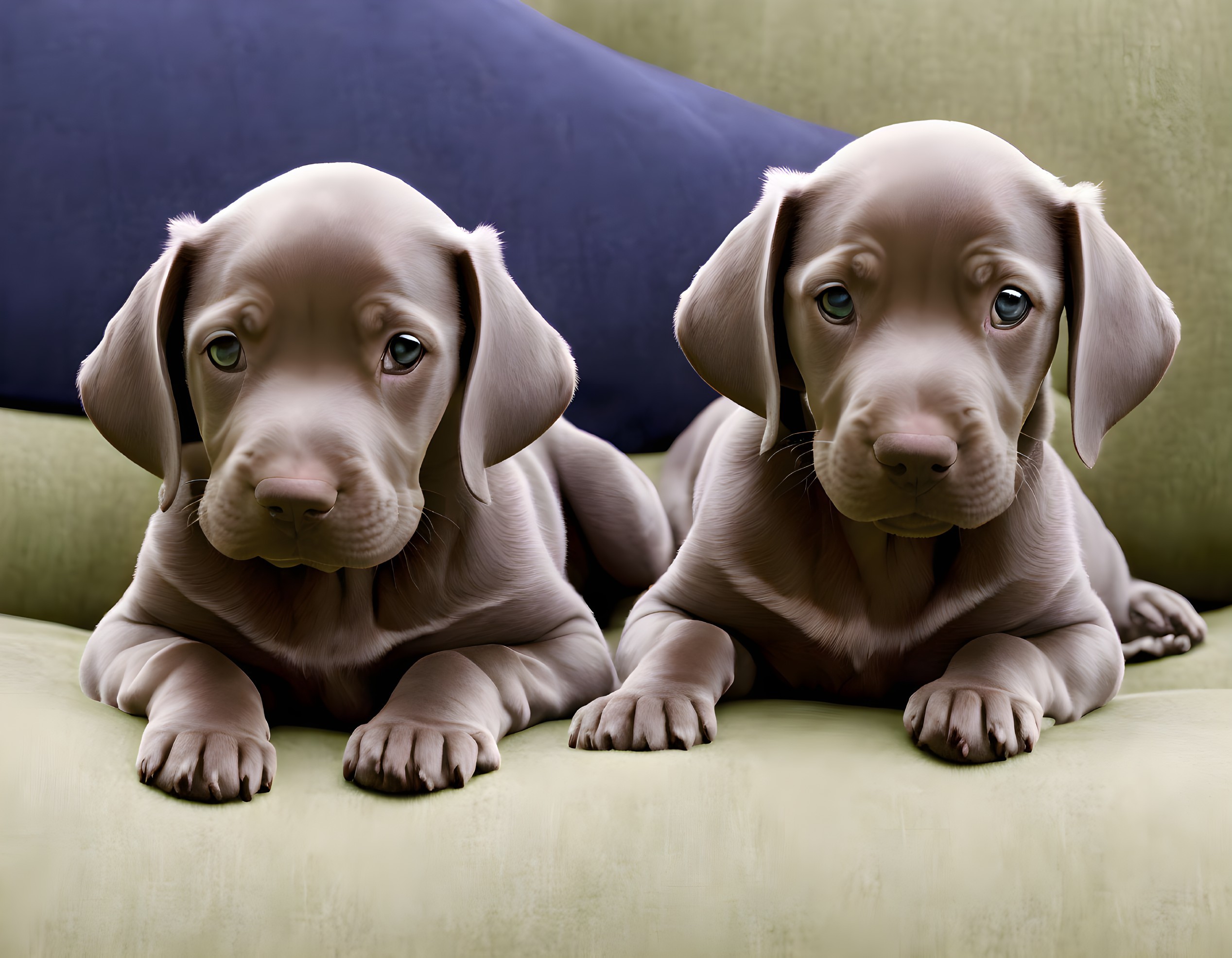 Two brown puppies with floppy ears on green cushion, blue pillow in background